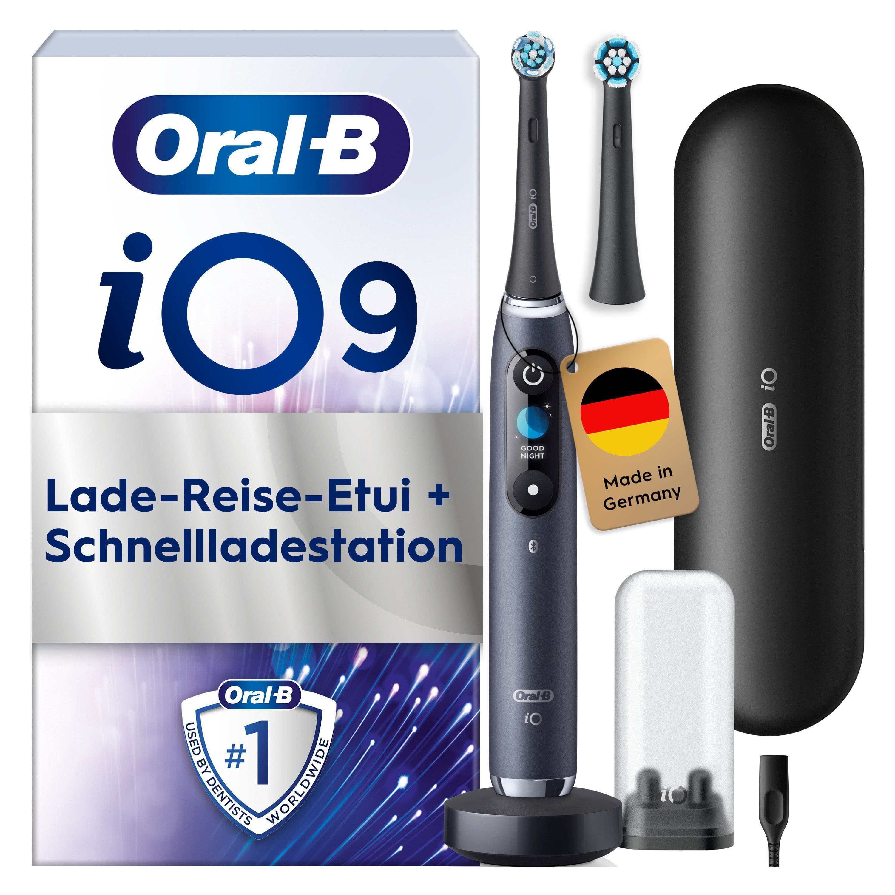 Oral-B Elektrische Zahnbürste Oral-B iO Series 9, Aufsteckbürsten: 2 St., 2 Aufsteckbürsten, 7 Putzmodi für Zahnpflege, 3D-Analyse, Farbdisplay & Lade-Reiseetui