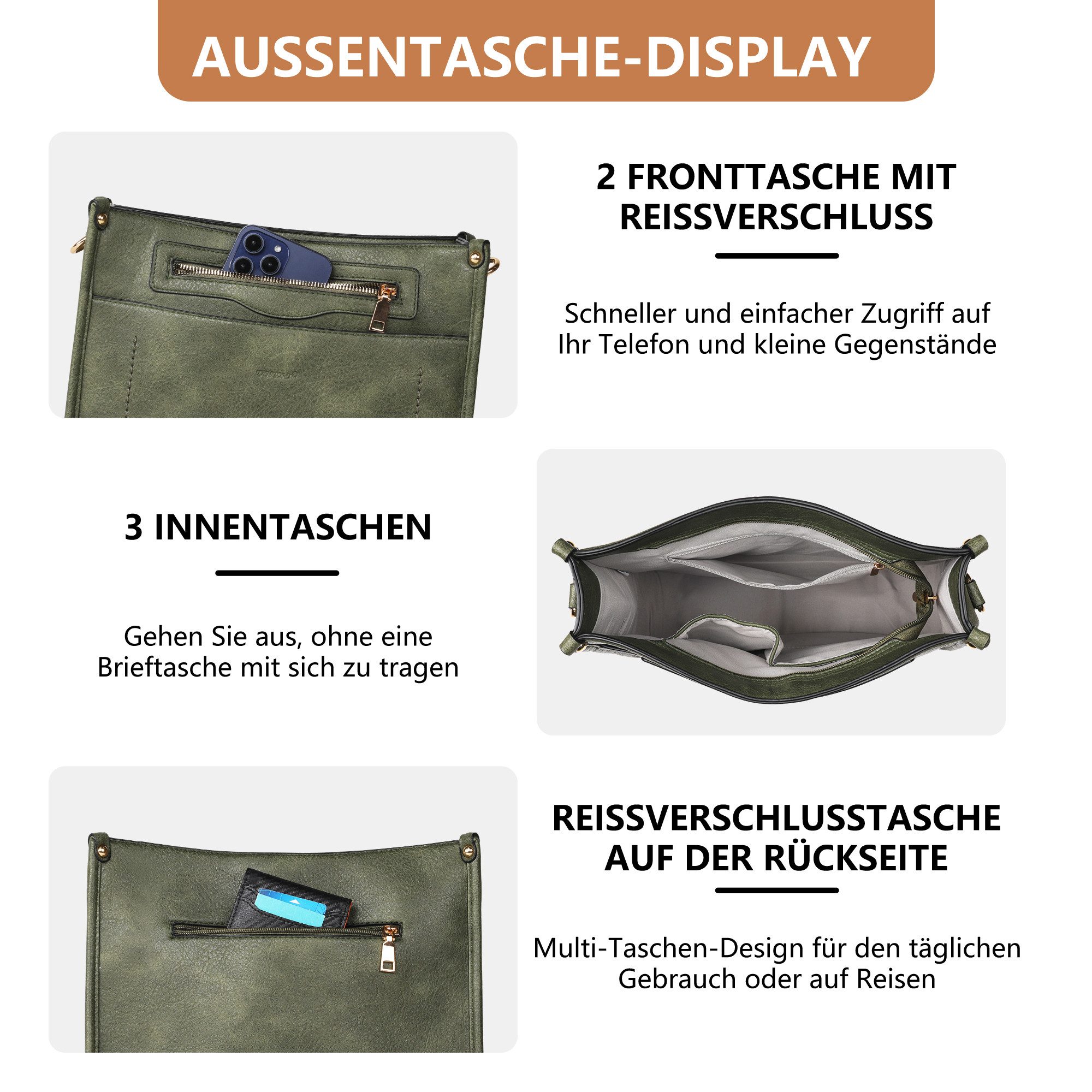 TAN.TOMI Umhängetasche Damen Handtasche mittelgroß Crossbody Bag multi pochette tasche, Damenhandtasche mit Verstellbar Breitem Schultergurt – Bild 4 von 5