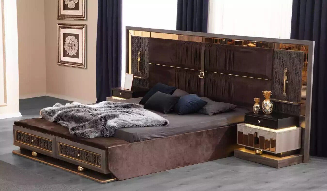 JVmoebel Schlafzimmer-Set Schlafzimmer Komplette in Braun (6-St., Doppelbett Stoff Modern, Set Made Europa 6tlg Nachttische/Schminktisch/Bodenspiegel/Kommode), Bett/2x Bett