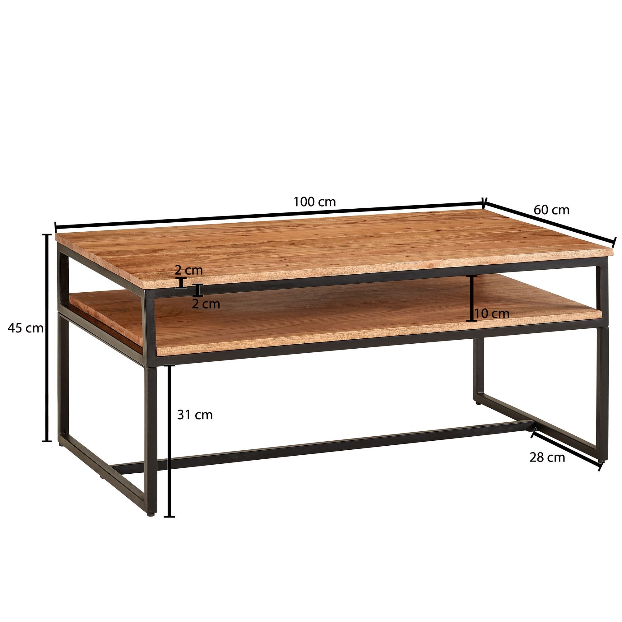 FINEBUY Couchtisch FB67631 Akazie Massiv 100cm rechteckig Wohnzimmertisch Loft Design (Wohnzimmertisch Rechteckig, Kaffeetisch Stauraum), 100x60x45 cm Akazie Massivholz / Metall, Sofatisch