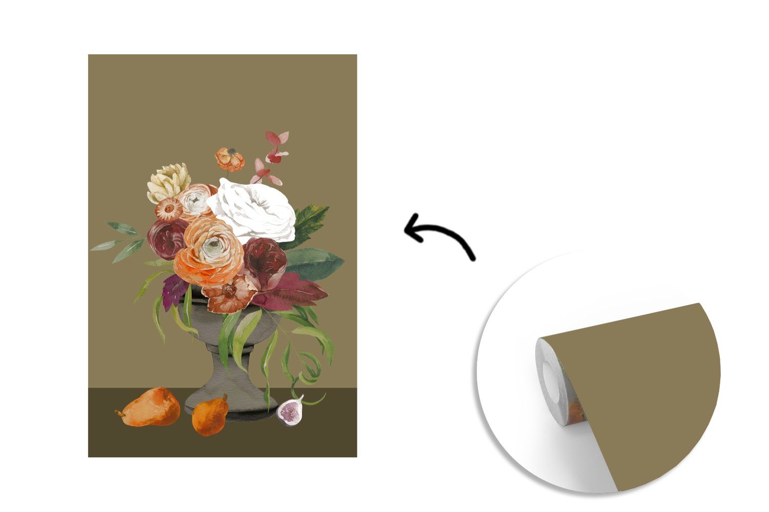 Tapete Stilleben, Wandtapete Blumen - Montagefertig MuchoWow bedruckt, für (3 Vinyl Matt, - Fototapete St), Aquarell Wohnzimmer,