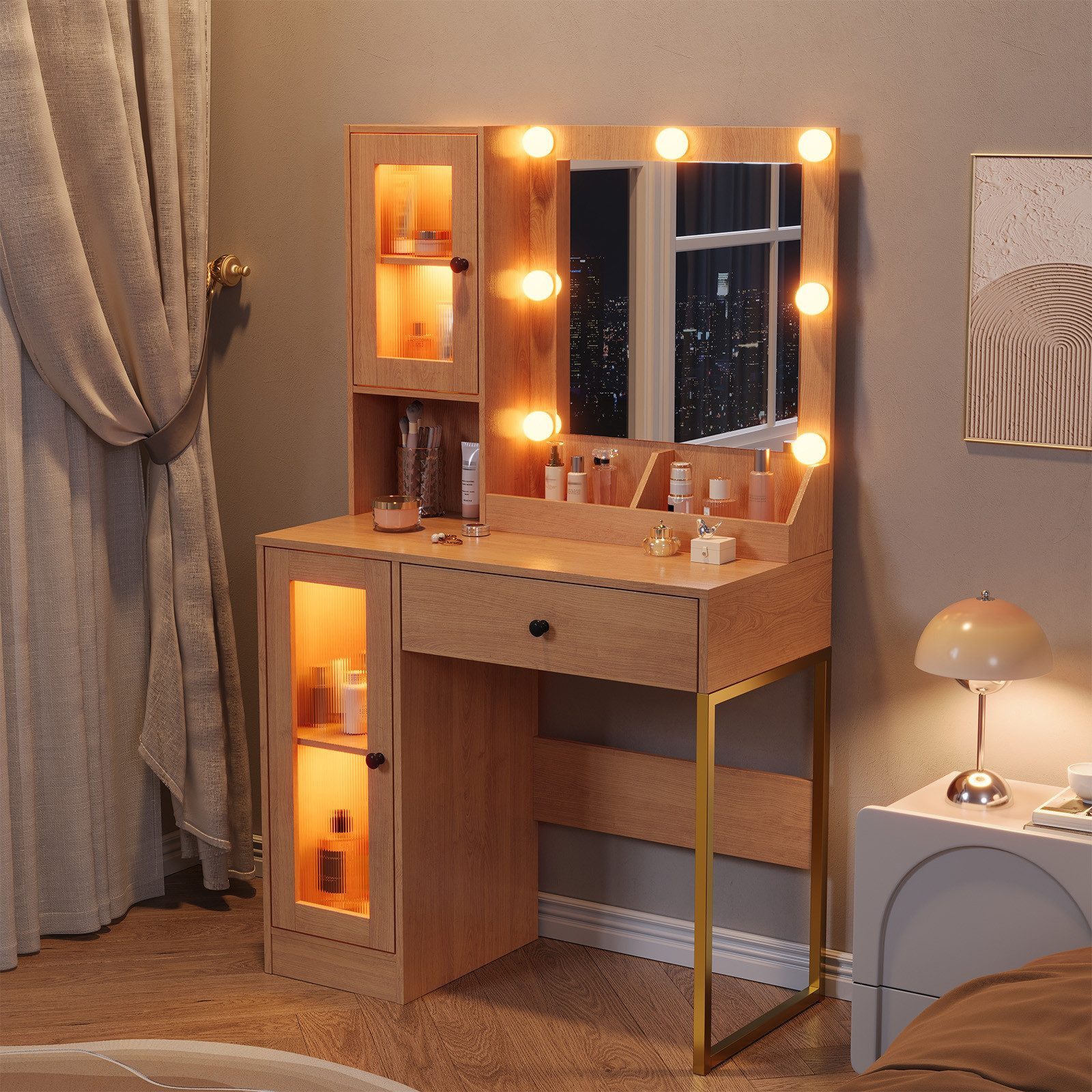 GarveeMore Schminktisch mit kratzfestem Spiegel, 3-farbiges LED Licht & stufenlose Dimmung (Weiß/Braun), 1 Schublade & 2 Schränke mit Glastüren & 3 offene Fächer