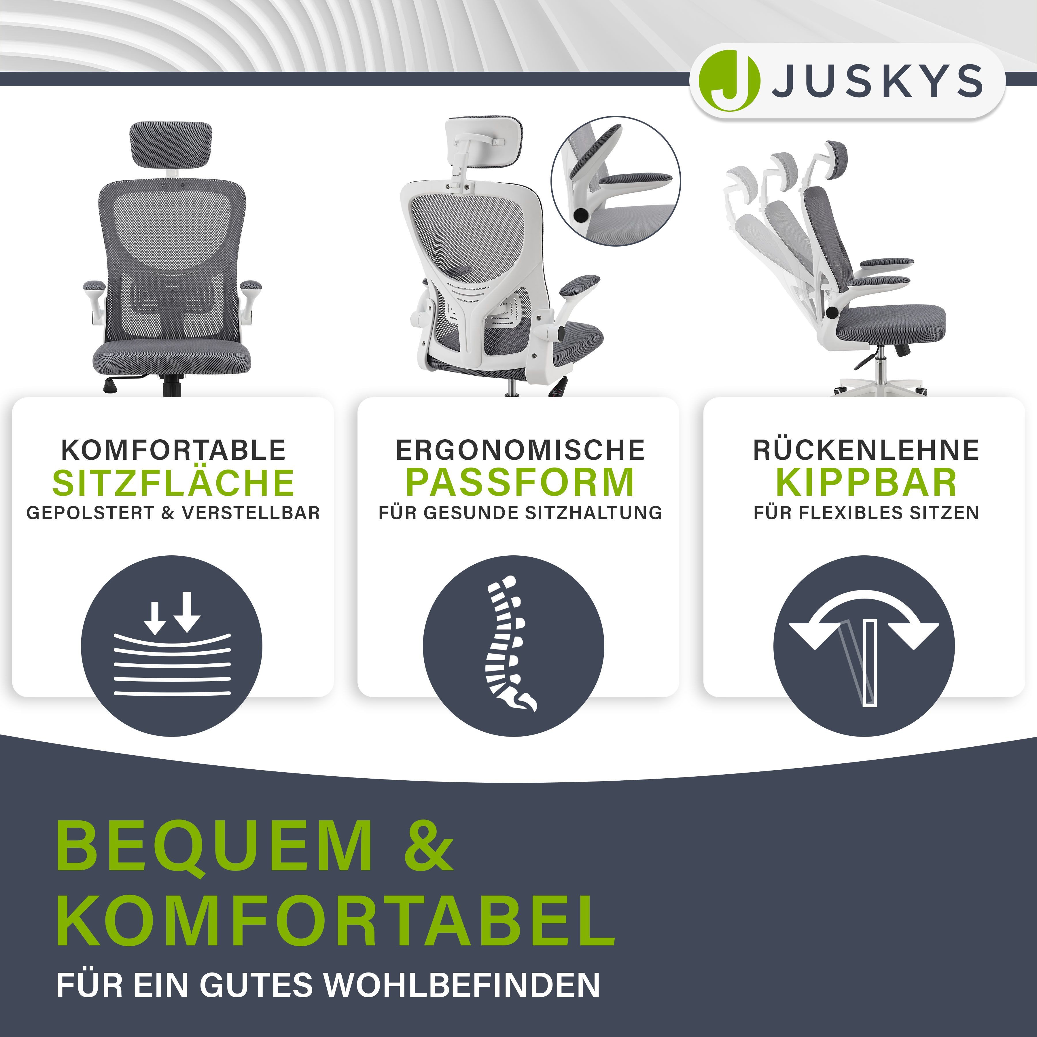 Juskys Bürostuhl Baltimore, Ergonomisch, höhenverstellbar, Rollen, Armlehne, Kopf- & Lendenstütze
