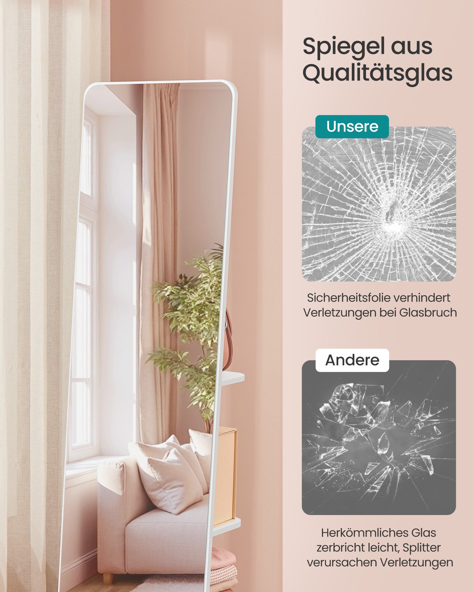 SONGMICS Standspiegel 360° drehbarer Spiegel mit Vergrößerungsspiegel, 163 x 45 cm (H×D), für Schlafzimmer, Wohnzimmer – Bild 4 von 5