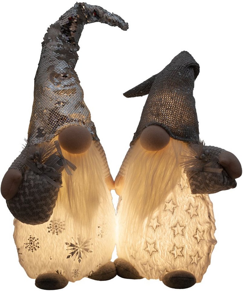Christmas Paradise Weihnachtsfigur Wichtel 42cm (65cm) mit Beleuchtung  (Dekofiguren, 2 St., im Set), LED Gnom Doppelpack, 2 Designs Silber-Weiß  Glitzer, Weihnachtsdeko