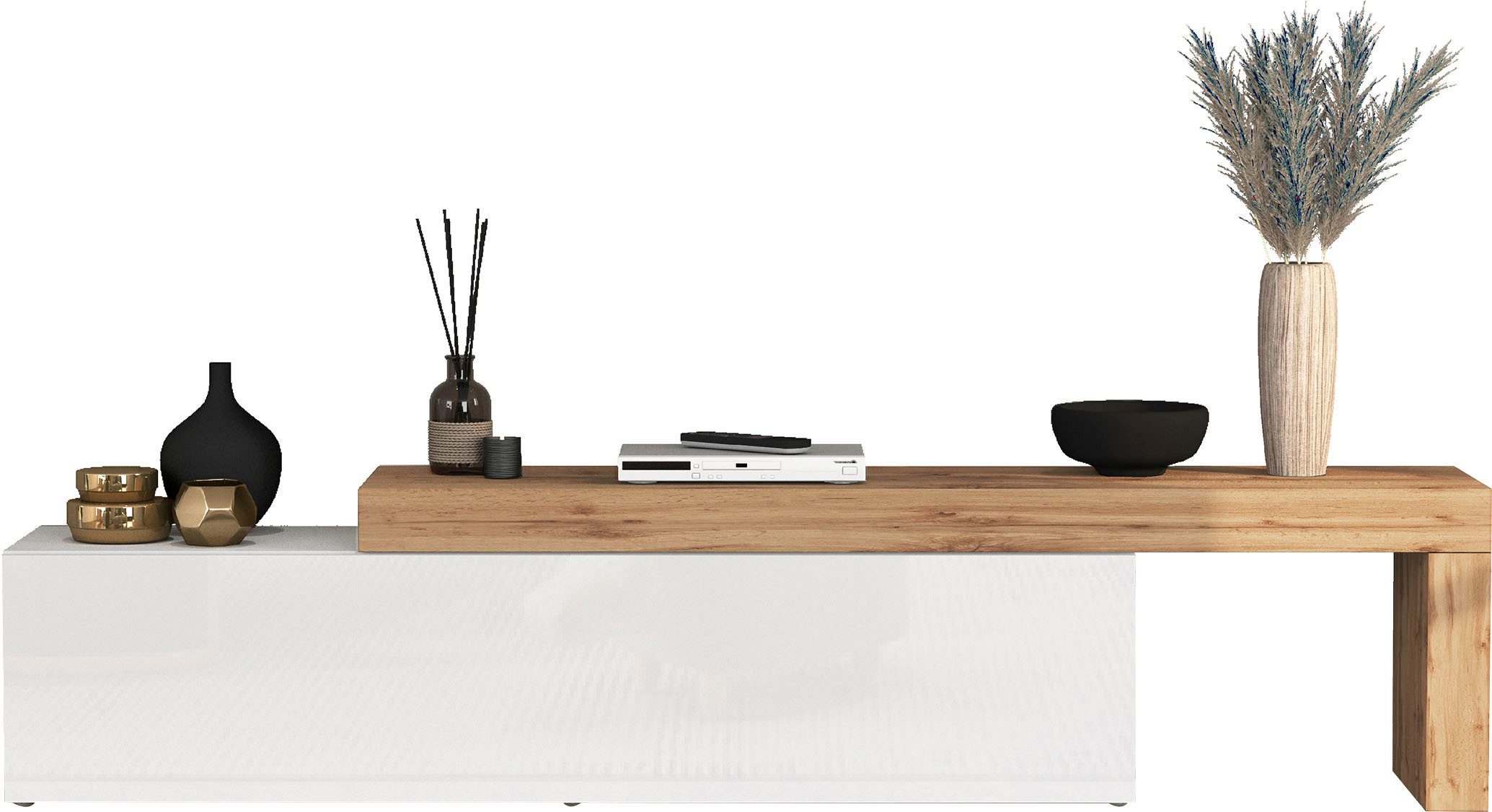 OTTO home Lowboard Chronos TV-Board, TV-Schrank (1 St., Breite verstellbar von 190 bis 350 cm), Breite 270 cm TV-Board,Lowboard,1 Klappe und ein L-Förmiger Aufsatz