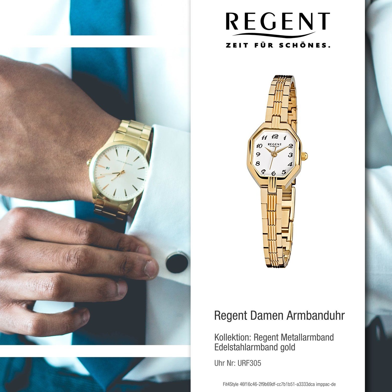 Regent Quarzuhr Regent (ca Damenuhr eckiges Damen Uhr Stahl Edelstahl, klein Gehäuse, Quarzuhr, 19x22mm) ionenplattiert F-305