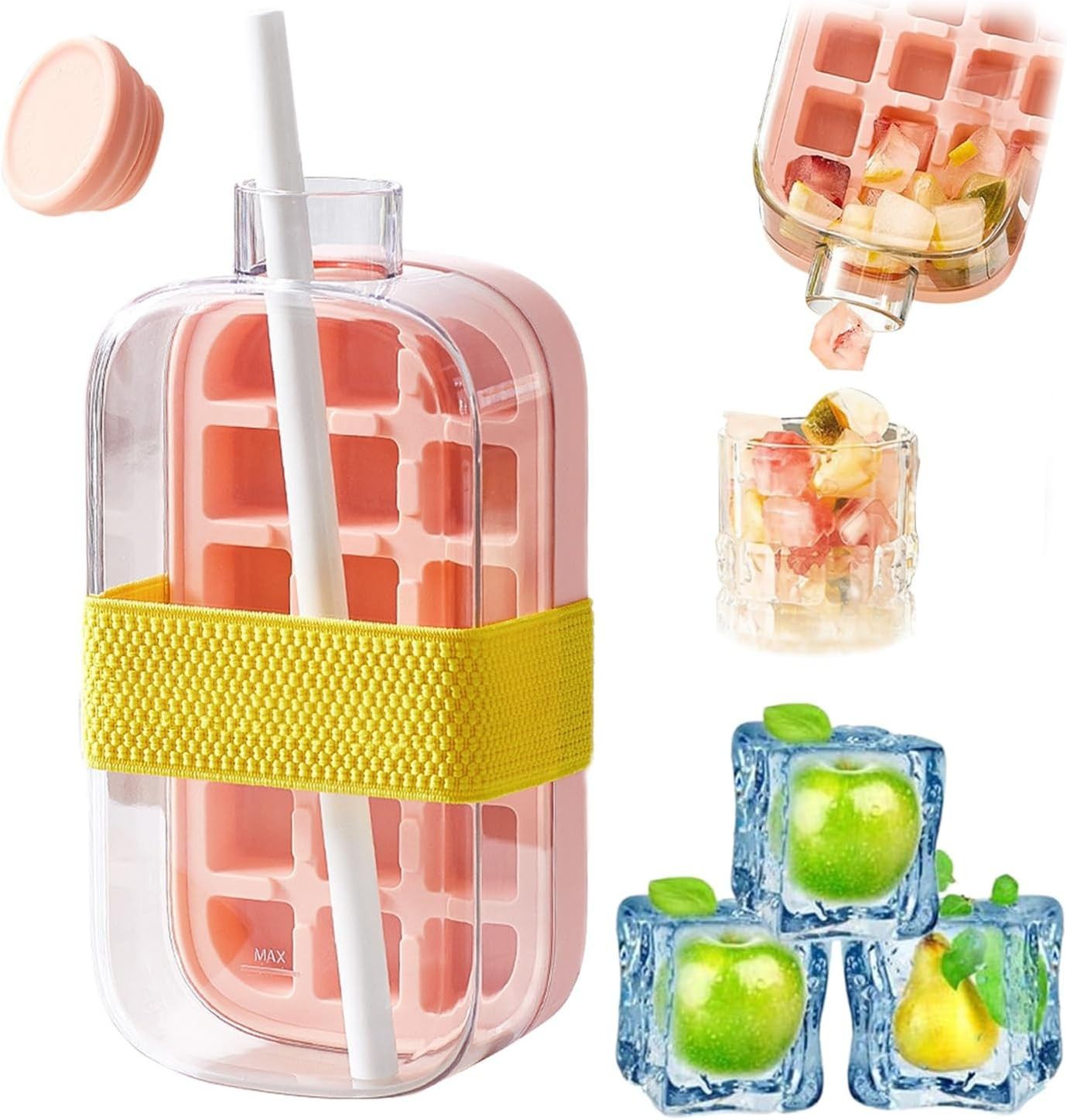 BlingBin Eiswürfelform 2-in-1 Eiswürfelformer & Trinkflasche, 800ml, mit Strohhalm und Band, (Einfaches Drücken, Auslaufsichere Eiswürfelform mit Deckel, 10*8*21,7CM 1-tlg), 2-in-1 Design: Trinkflasche und Eiswürfelformer in einem