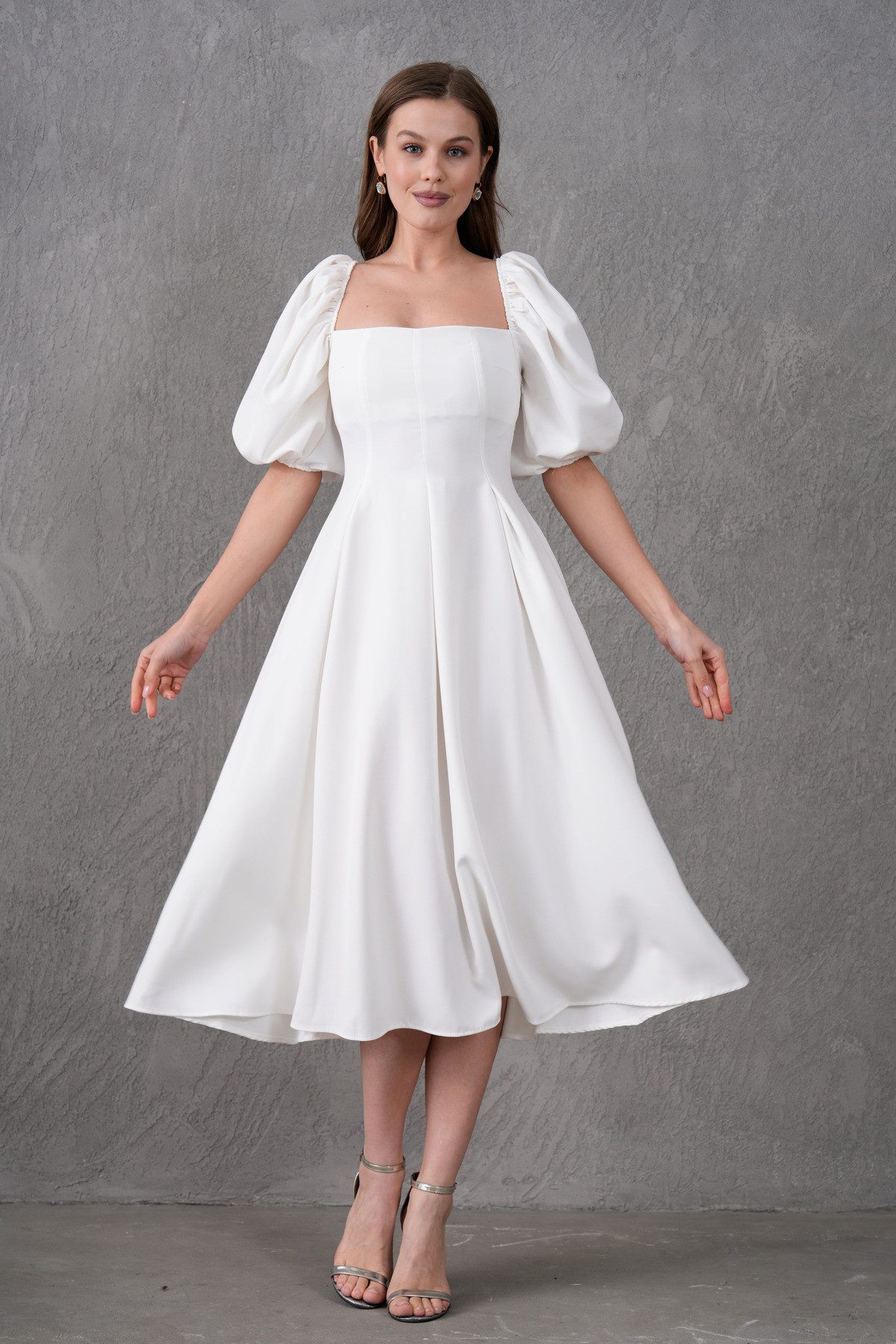 WOMAN VISION Abendkleid Trägerloses, kurzärmeliges, ausgestelltes Midikleid mit Ausschnitt