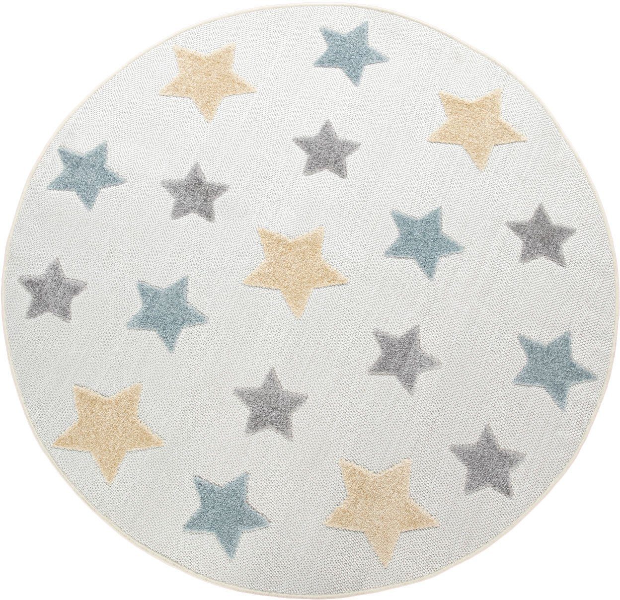 Paco Home Kinderteppich Tweet 463, rund, Höhe: 12 mm, Flachgewebe, Hoch-Tief-Effekt, Motiv Sterne, In- und Outdoor geeignet