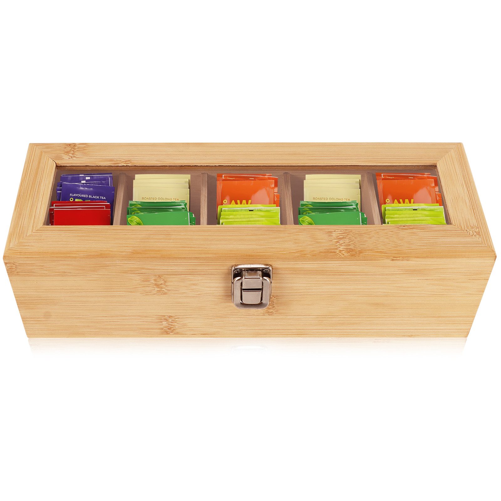 BlingBin Teebox Bambus Teeboxen,Teebeutel Organizer mit 5 Fächer, Bambus, (1 Stück, 1-tlg., 30x10x9 cm,Tee Aufbewahrungsbox mit Durchsichtiger Deckel), mit 4 Verstellbaren Unterteilungen für Teebeutel, Zucker, Kaffeepads