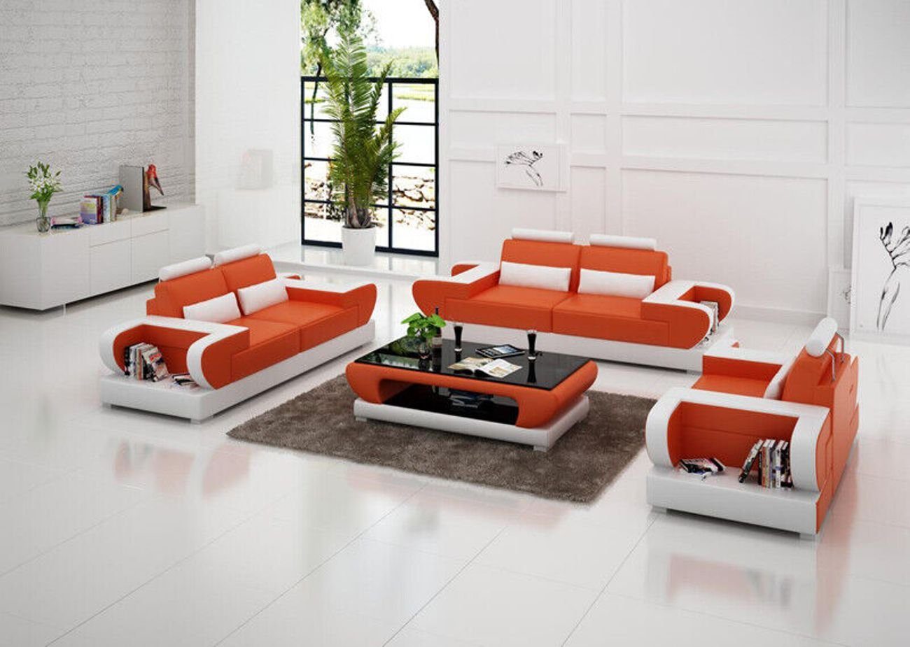 JVmoebel Wohnzimmer-Set Ledersofa Couch Wohnlandschaft 3+2+1 Sitzer Garnitur Design Sofa, (3-St) Orange/Weiß