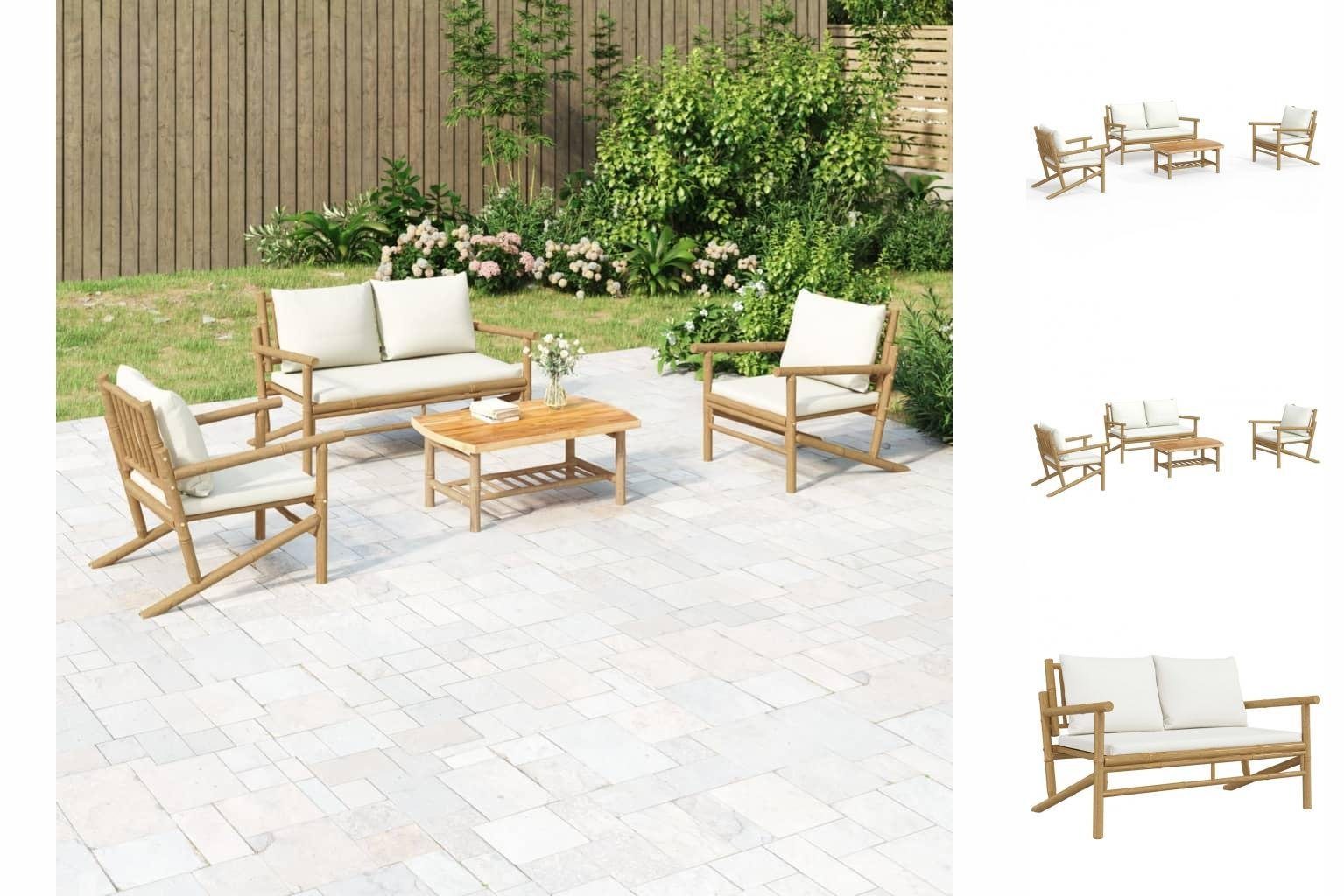 Garten-Lounge-Set Garten-Essgruppe Kissen Cremeweißen Bambus 4-tlg mit vidaXL