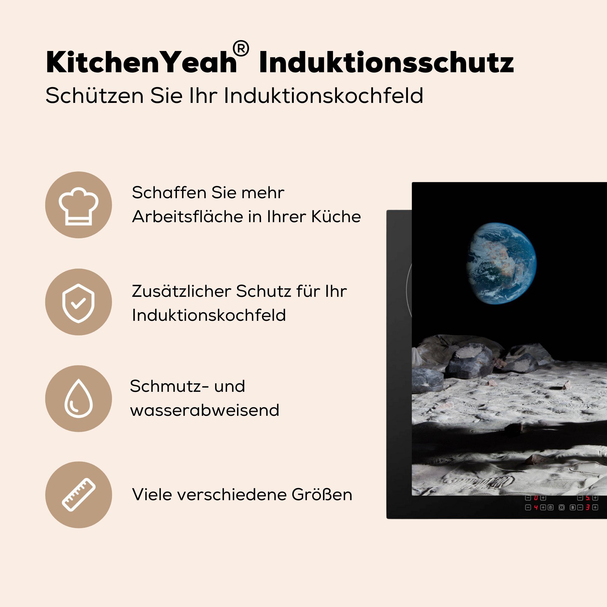 Erde, 81x52 küche, tlg), Vinyl, Mond Astronaut Herdblende-/Abdeckplatte Induktionskochfeld MuchoWow cm, - die Ceranfeldabdeckung Schutz - für (1