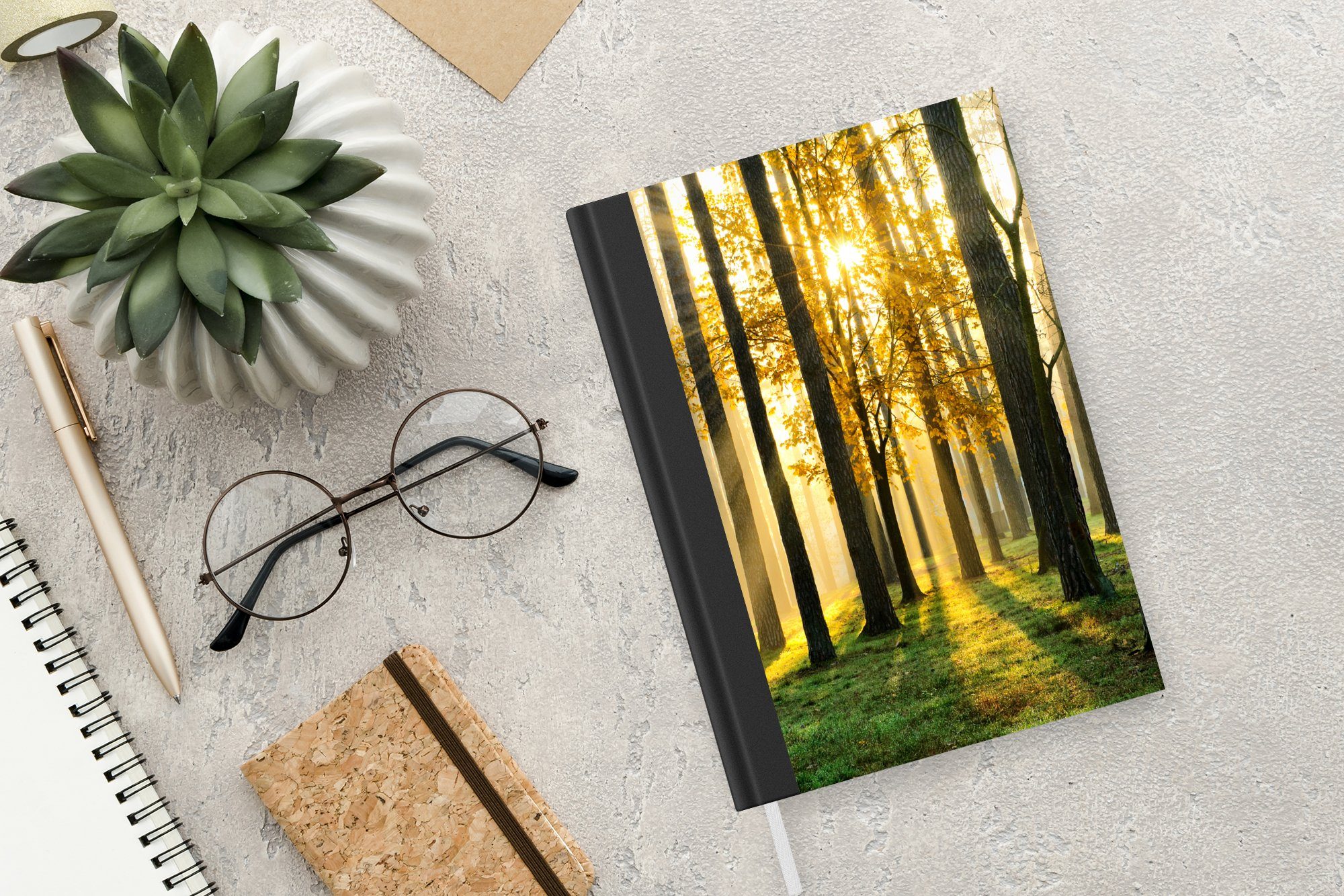 - Bäume Wald - Journal, Seiten, Merkzettel, Tagebuch, A5, 98 - Notizbuch Sonne Haushaltsbuch Natur, Notizheft, MuchoWow - - Landschaft Gras