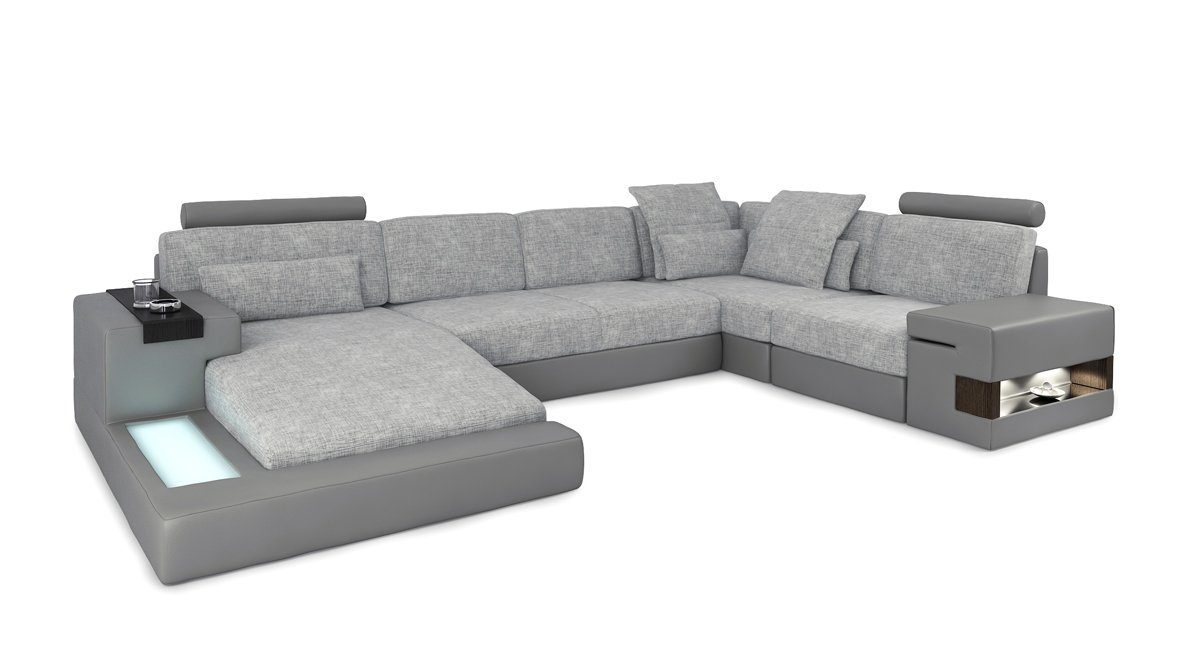 JVmoebel Ecksofa Wohnlanschaft Ecksofa Textil Neu Couch U Sofa Form Bellini Silber/Weiß Leder Grau