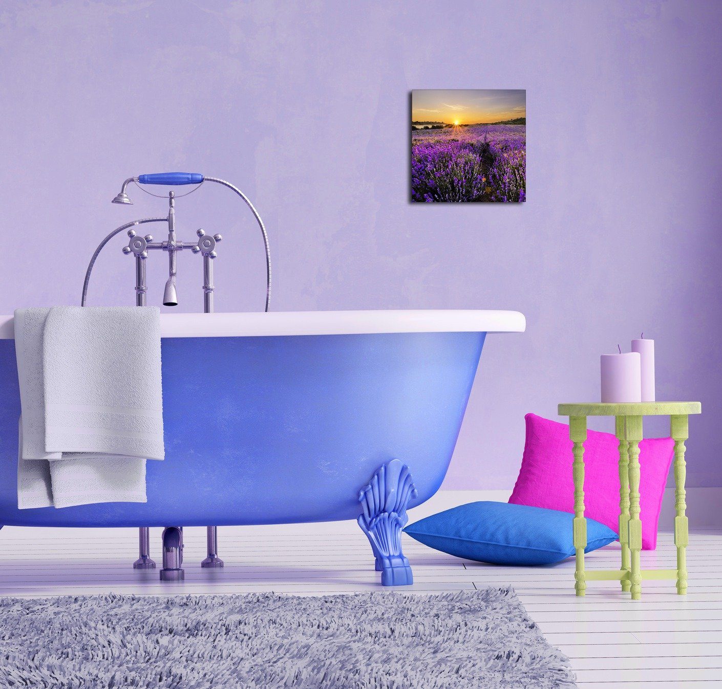 Wallario Glasbild, Sonnenuntergang über dem Lavendel, günstig online kaufen