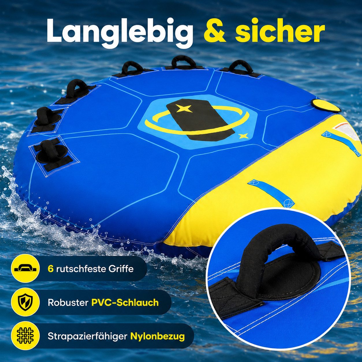 MaxKare Wellenreiter Maxkare, (Wassersport-Reifen, für 1–3 Personen, Ø 178 cm, bis 154 kg, 6 EVA-Griffe), PVC-Innenschlauch, Nylonbezug, vorderer Zugpunkt, faltbar
