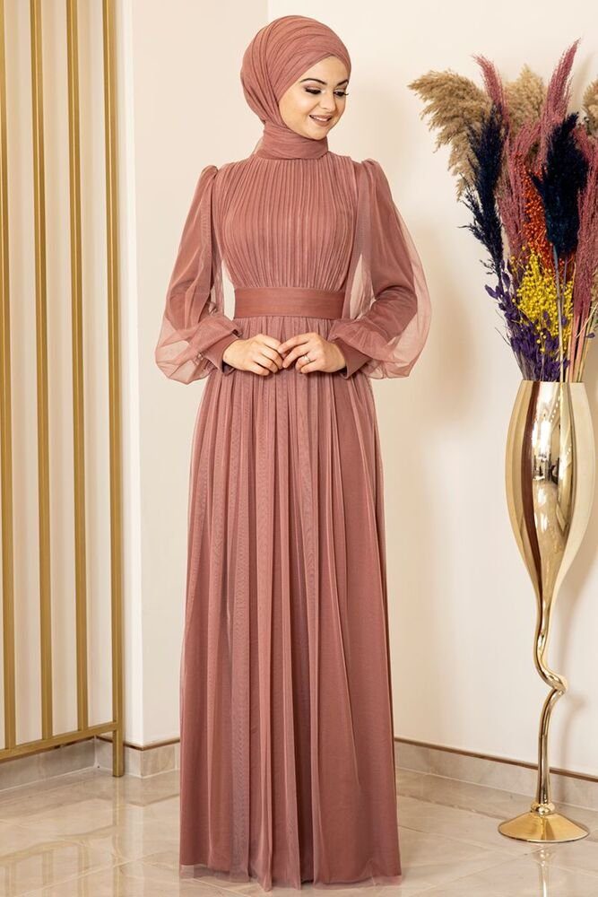 Abaya Damenkleid Langärmliges Abiye Maxikleid Abendkleid Kleid Modavitrini Hijab Coral Tüllkleid