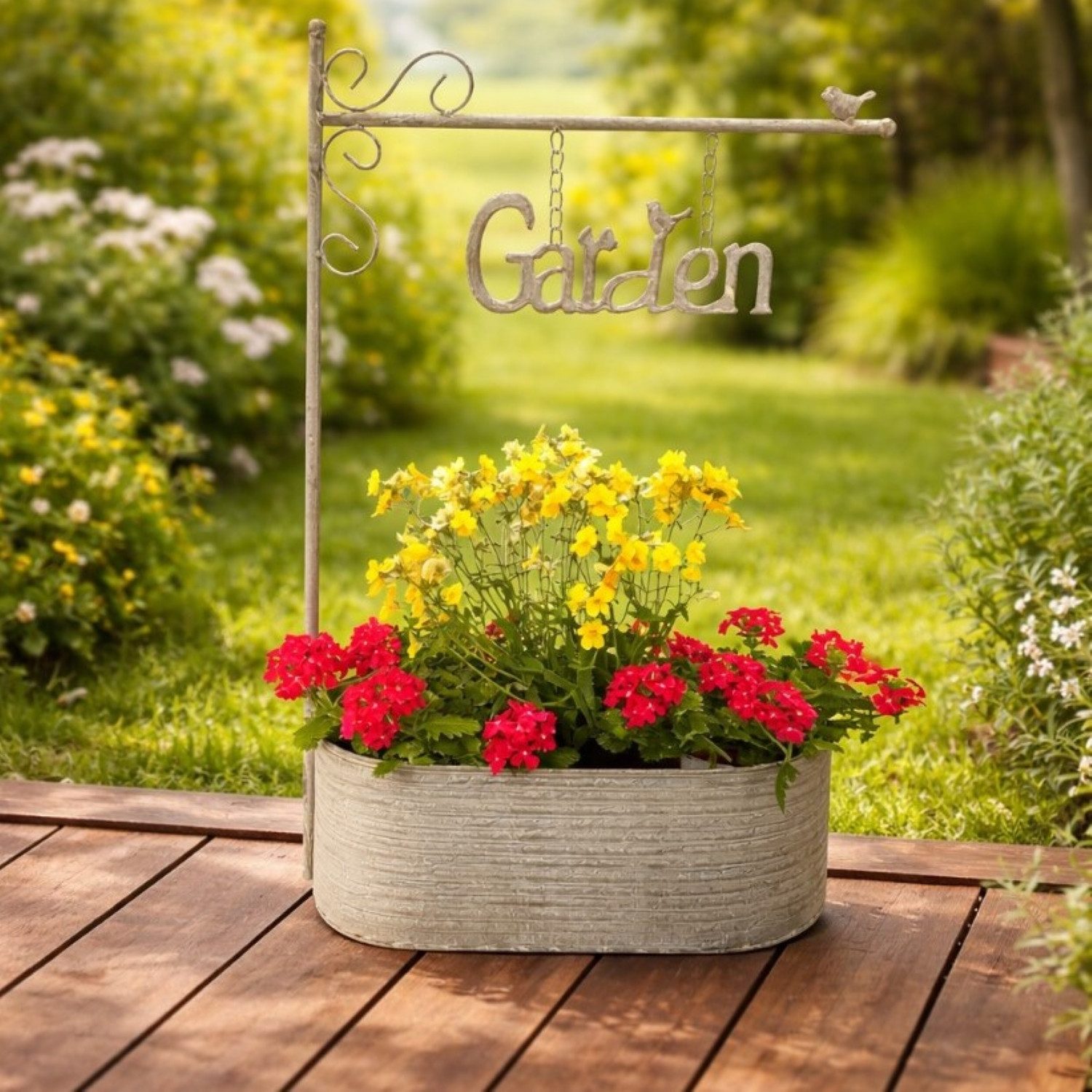 Online-Fuchs Blumenkasten Pflanzkübel, Blumentopf aus Metall für draußen - Outdoor - 66 cm groß (wetterfest, ideal für den Eingangsbereich), dekoratives Garden Schild mit Kette und 2 süßen Vögeln