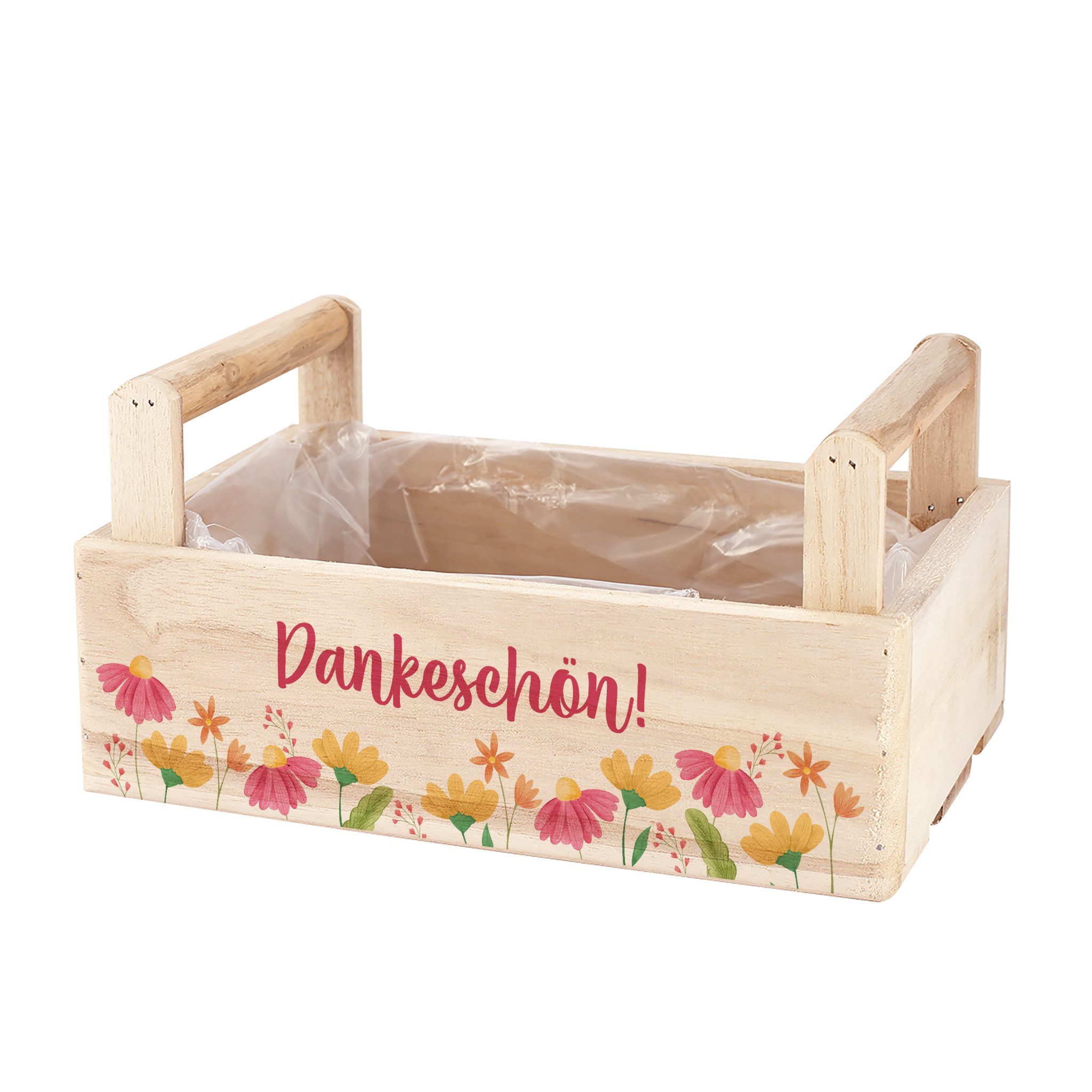Herz & Heim Geschenkbox aus Holz - Geschenkkorb mit Blumen Motiv als Geschenkverpackung, mit Holzgriffen