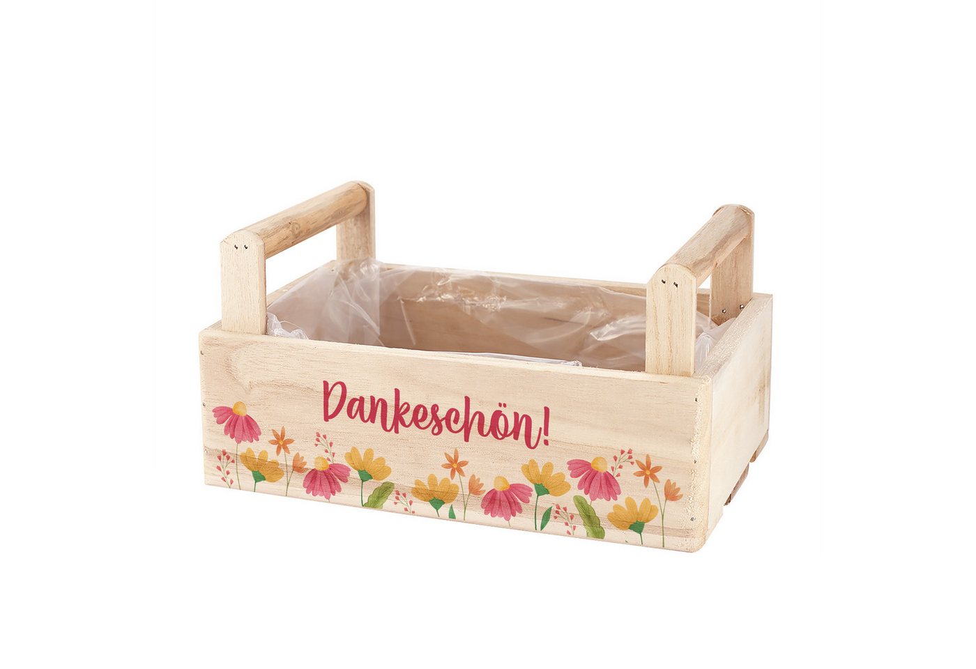 Herz & Heim Geschenkbox aus Holz - Geschenkkorb mit Blumen Motiv als Geschenkverpackung, mit Holzgriffen