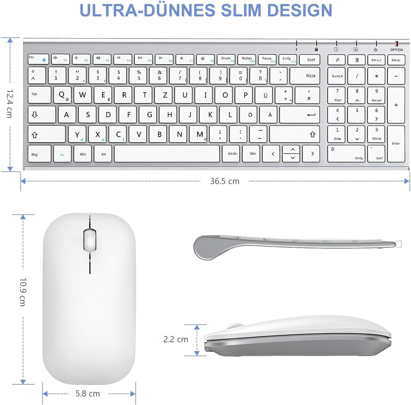 Seenda Tastatur Maus Set Kabellos Wiederaufladbare kleine Funktastatur Tastatur- und Maus-Set, (Leises Klicken & QWERTZ Layout), Metall Tastatur für PC/Laptop/Smart TV