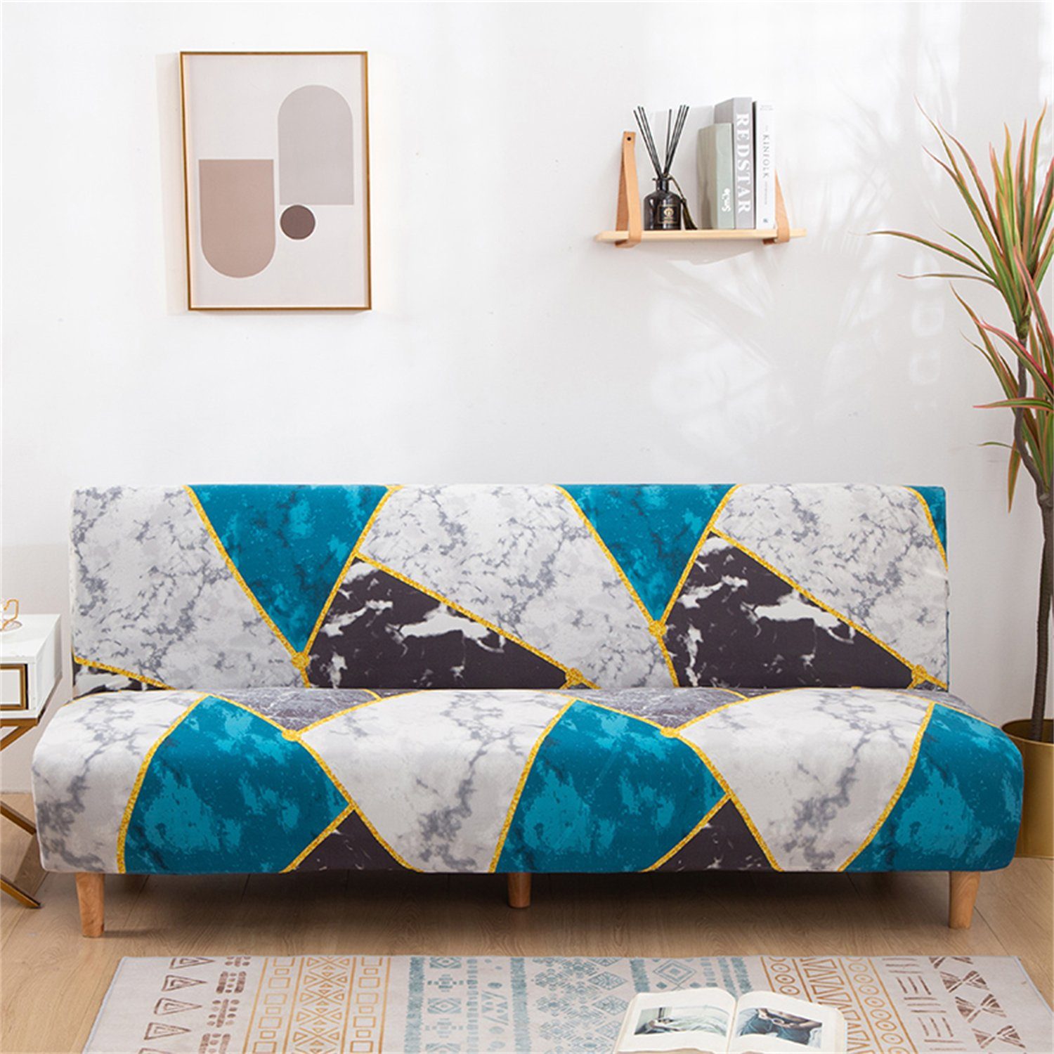 ärmellos HOMEIDEAS, Blau Sofahusse, Sofabezug, Gedruckt Couch-Möbelschutz