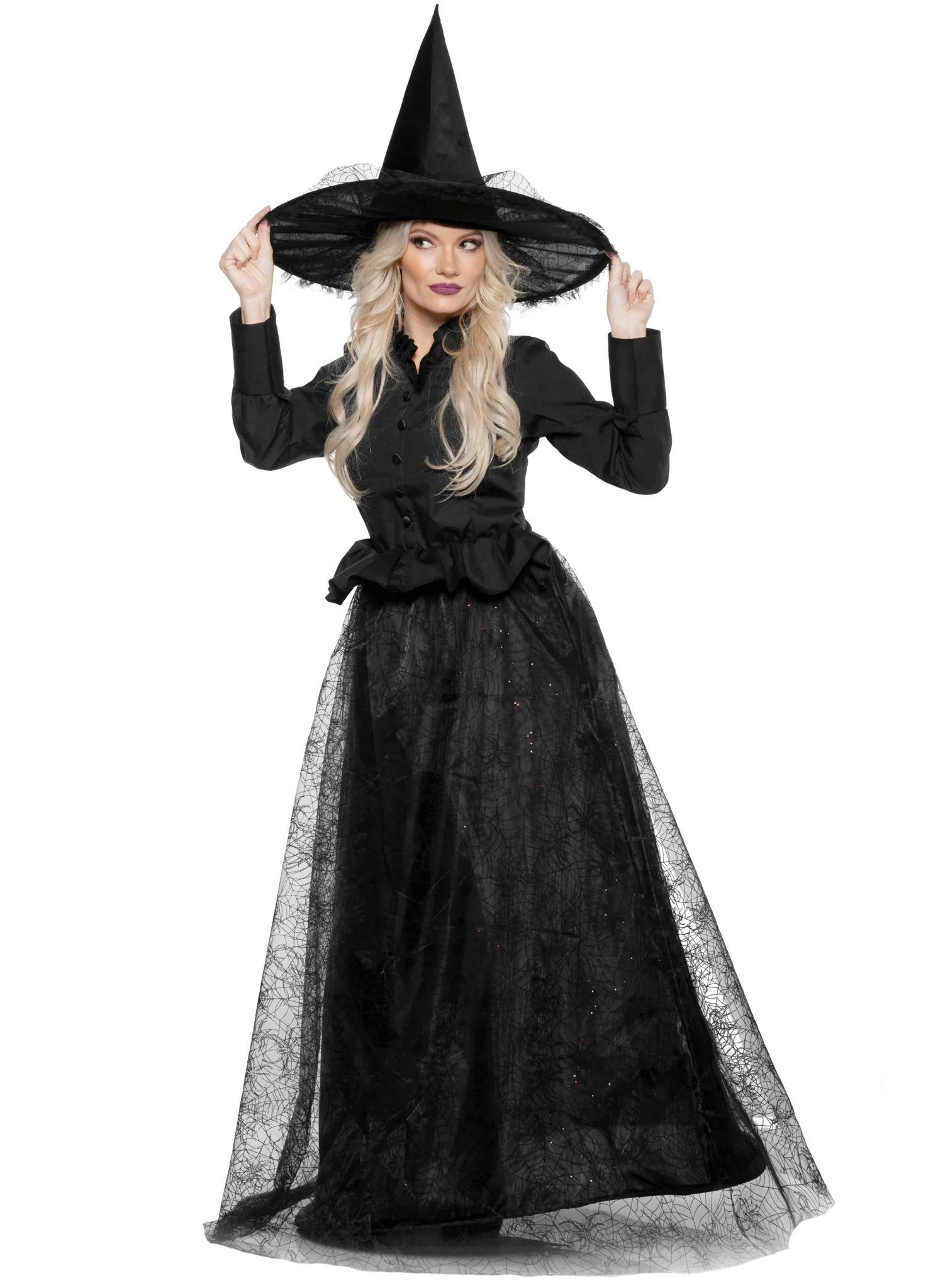 Underwraps Hexen-Kostüm Schwarze Spinnenhexe - Halloween Kostüm Damen, Tiefschwarze Märchenhexe mit Spinnwebmuster