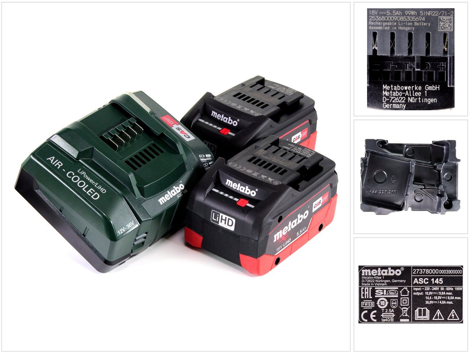 metabo Akku Basis Set 18V mit 2x Akku LiHD 5,5Ah + Ladegerät ASC145 + Einlag Akkupacks