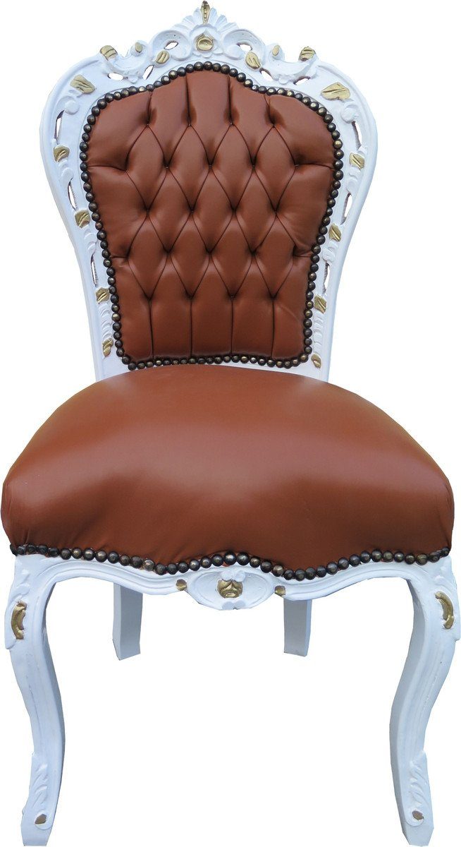 Casa Padrino Esszimmerstuhl Barock Esszimmer Stuhl Apricot-Braun Lederoptik Weiß Gold - Limited Edition