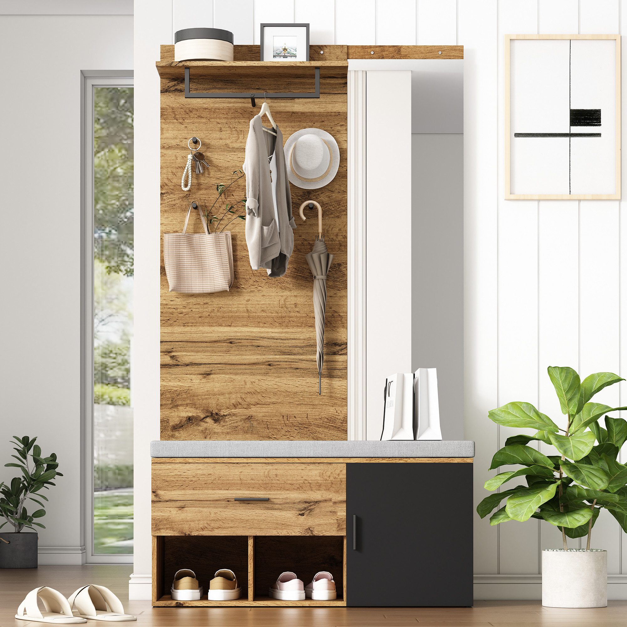 IDEASY Garderoben-Set Flurgarderobe mit Spiegel, Dielenmöbel, Holzstil, 104 x 39 x 19 cm, Mit Spiegel, gepolsterter Schuhbank, Schubladen, Ablagen, Kleiderhaken