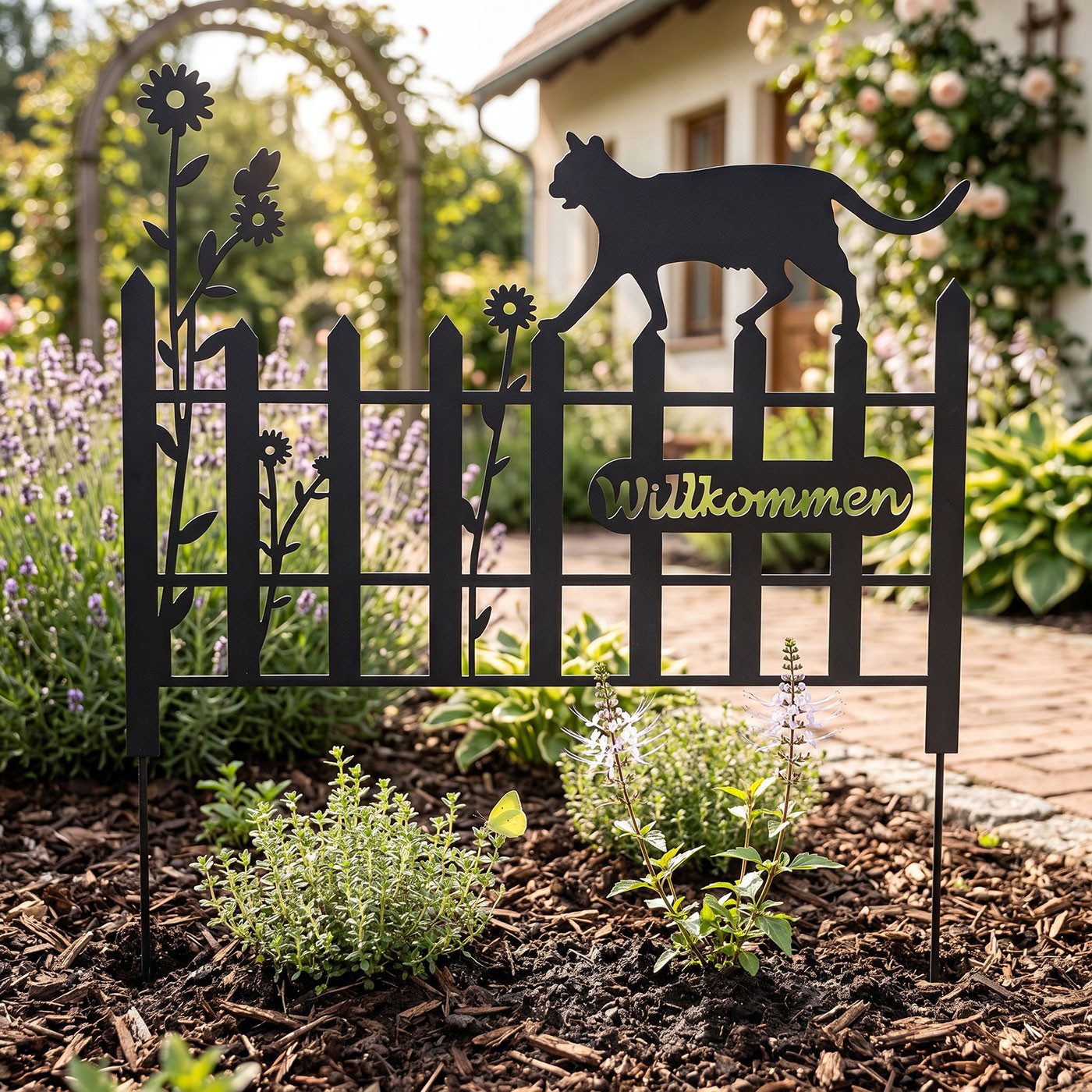 Levandeo® Gartenstecker Gartenstecker Metall Katze 37x40cm Garten Zaun Schwarz Willkommen Gart – Bild 3 von 5