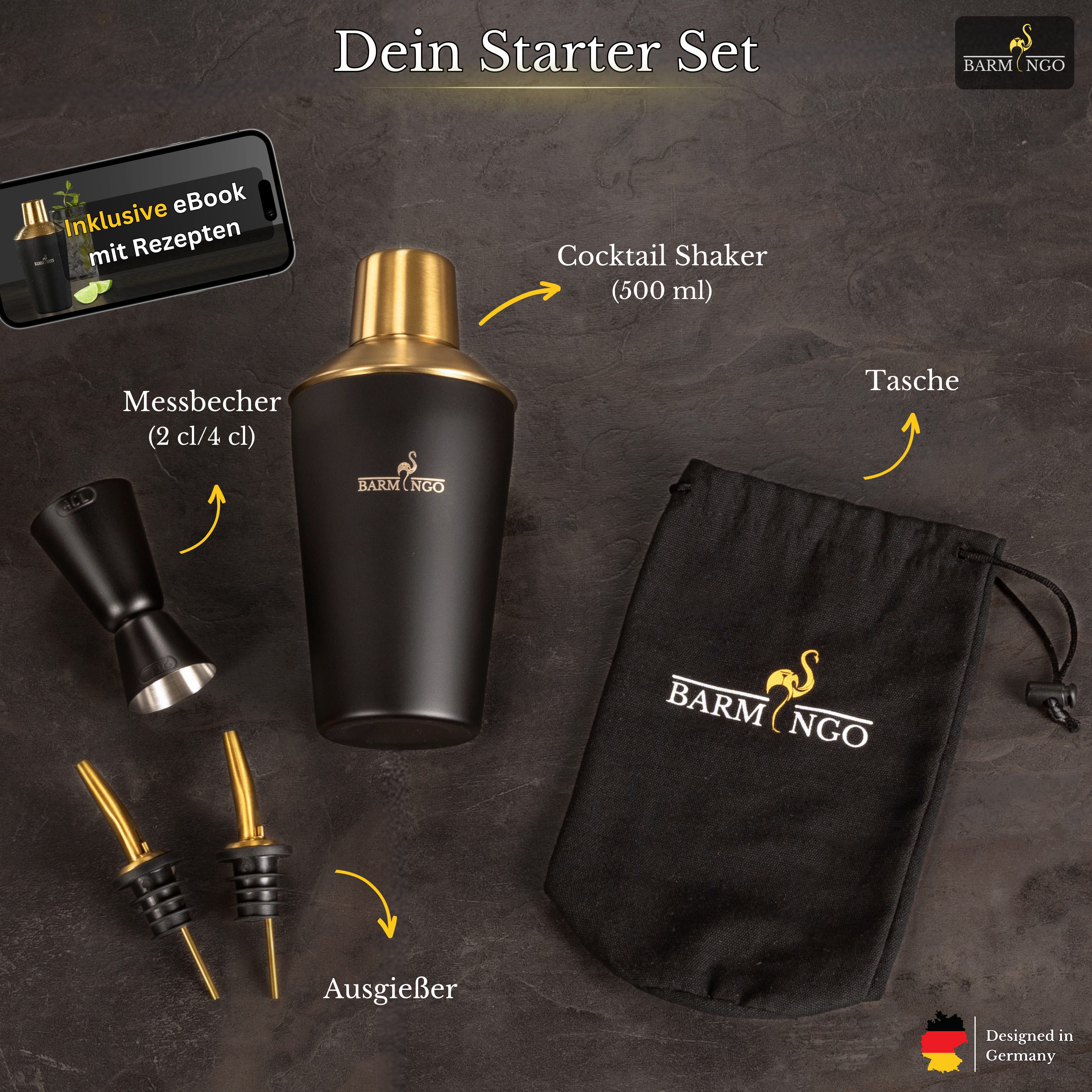 BARMINGO Cocktail-Set Edelstahl Cocktail Shaker Set (700 oder 500ml) mit Bar Zubehör, (Cocktailshaker Set, 5-tlg., für Profis und Anfänger), Cocktail Zubehör mit hochwertiger Beschichtung in stilvollen Farben