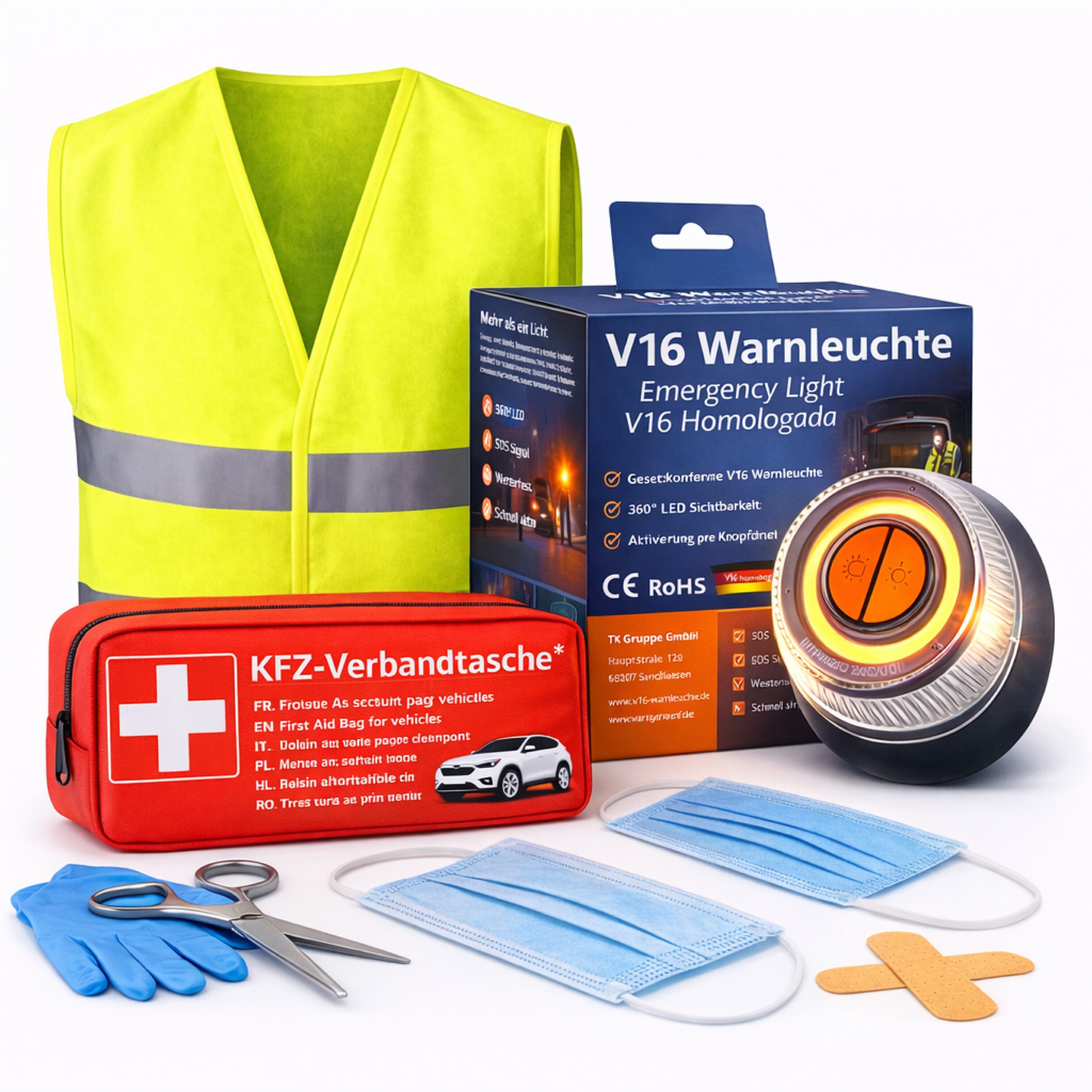 POWR Car Erste-Hilfe-Set Set 3 in 1 - Warnleuchte V16 - Warnweste & Verbandskasten - IDIADA, (Set, 1 St)