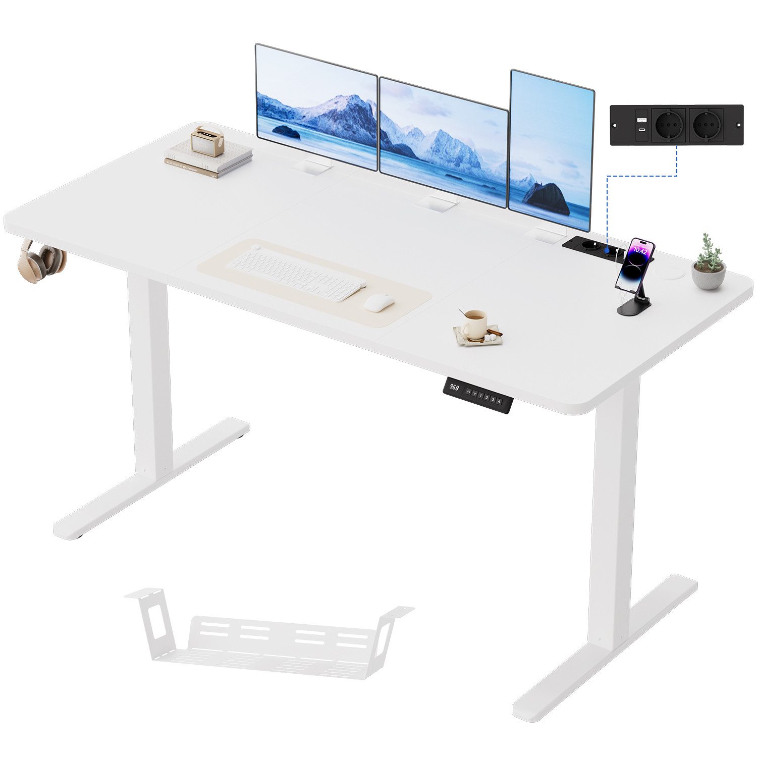 HOMALL Schreibtisch höhenverstellbarer Schreibtisch 140/160/180 cm mit Steckdosenleiste (mit 6-Tasten-Bedienfeld mit LED-Anzeige und 4 Memory-Positionen, Steckdosenleiste & Kabelmanagement)