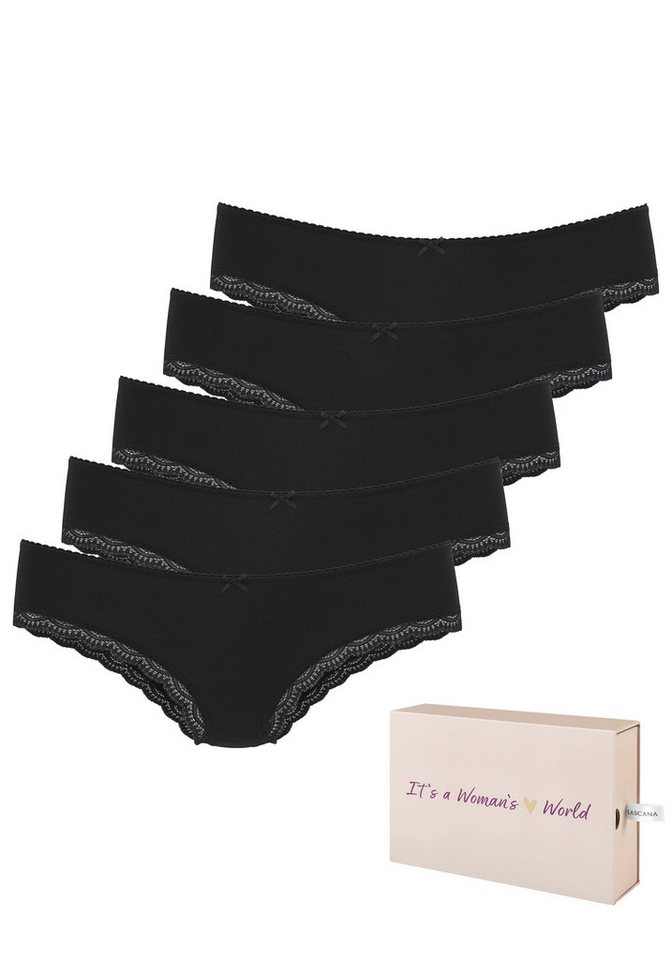 LASCANA Brasilslip (5er-Pack) aus elastischer Baumwolle mit zarter Spitze, mit Aufbewahrungsbox
