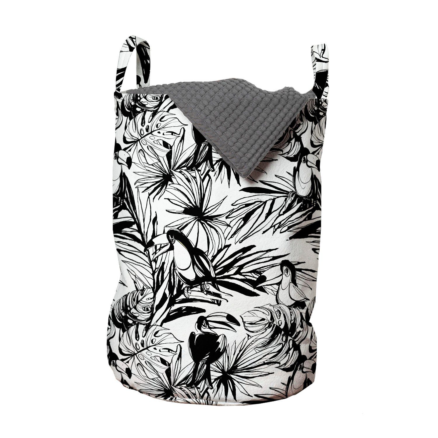 Abakuhaus Wäschesäckchen Wäschekorb mit Griffen Kordelzugverschluss für Waschsalons, Exotisch Flüchtige Palmblätter Tukane | Wäschesäcke