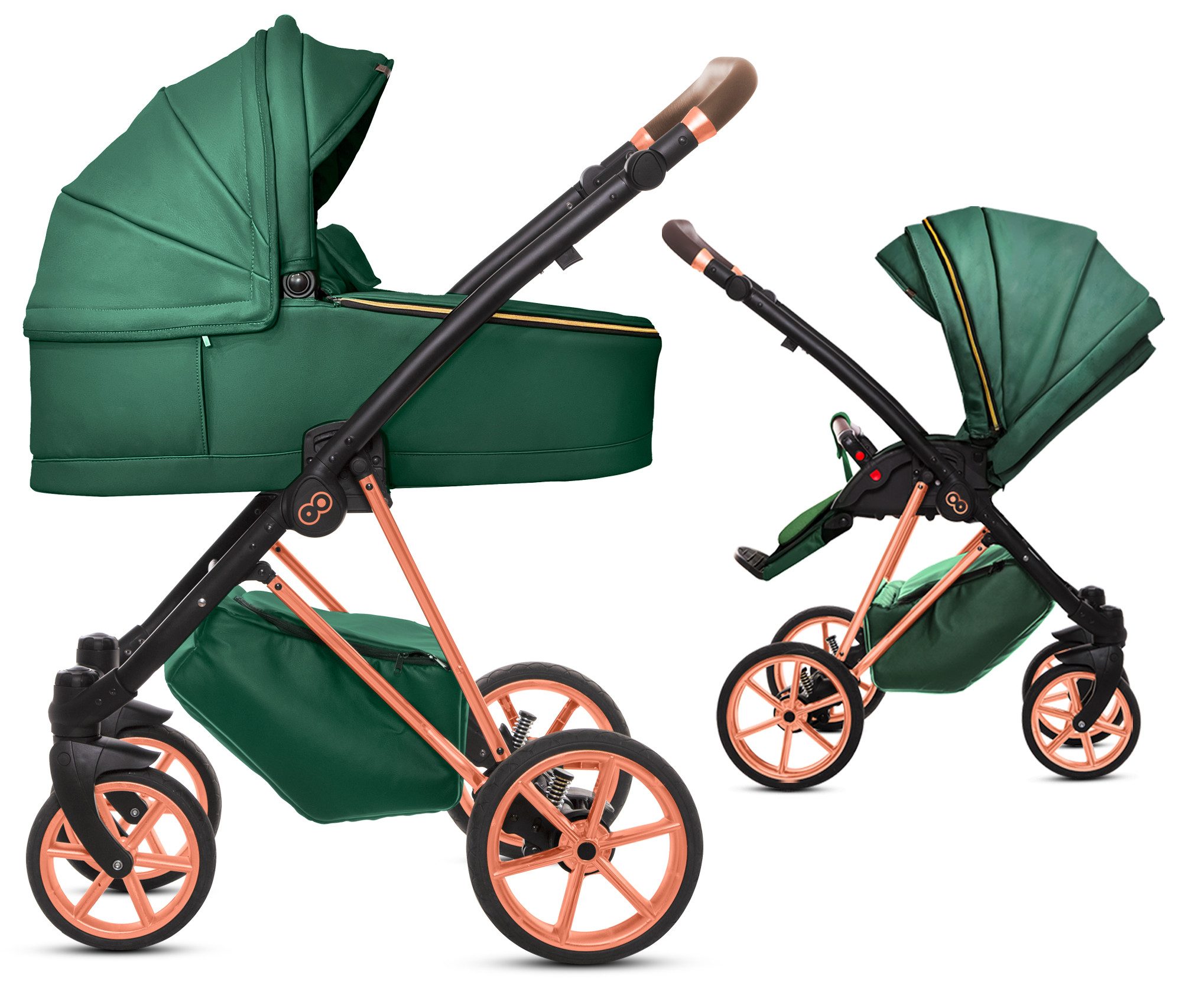 TPFFamily Kombi-Kinderwagen 2in1 Musse Royal, Baby Buggy Babywanne 5-Punkt-Sicherheitsgurt, Zubehör-Set Kinderwagen 2 in 1 Kunstleder Grün, Gestell Rosé Gold