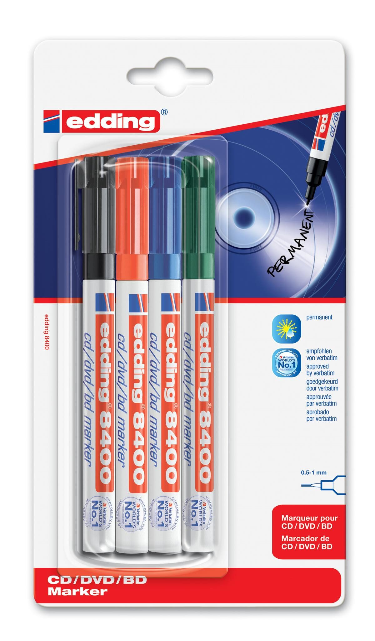 Marker Edding CD-DVD-BD-Marker 8400 4er-Blister sortiert