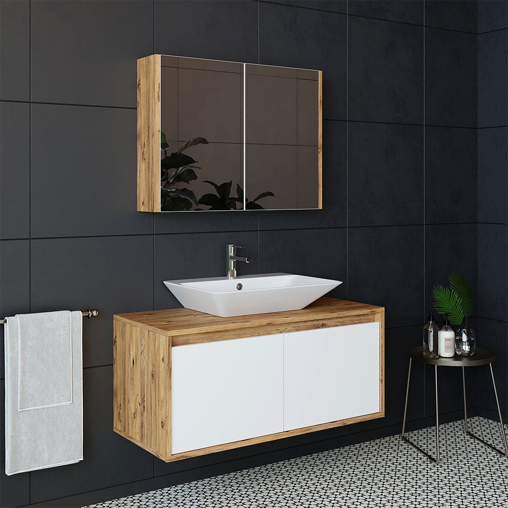Badmöbel-Set, Waschbecken Spiegelscrank) 100cm Weiß (Badmöbel Set mit 3-teilig Roomart Unterschrank Eiche