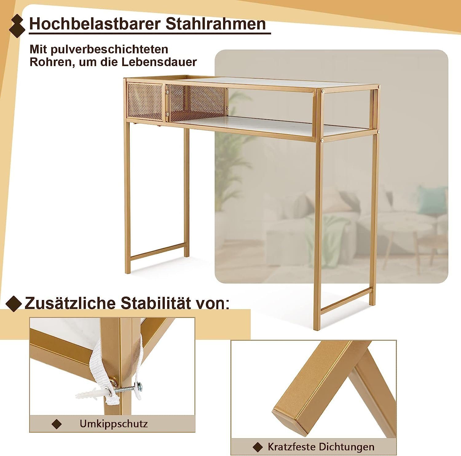 KOMFOTTEU Konsolentisch Marmor mit 2 Gold Flurtisch Optik, Gitterablage Ebenen