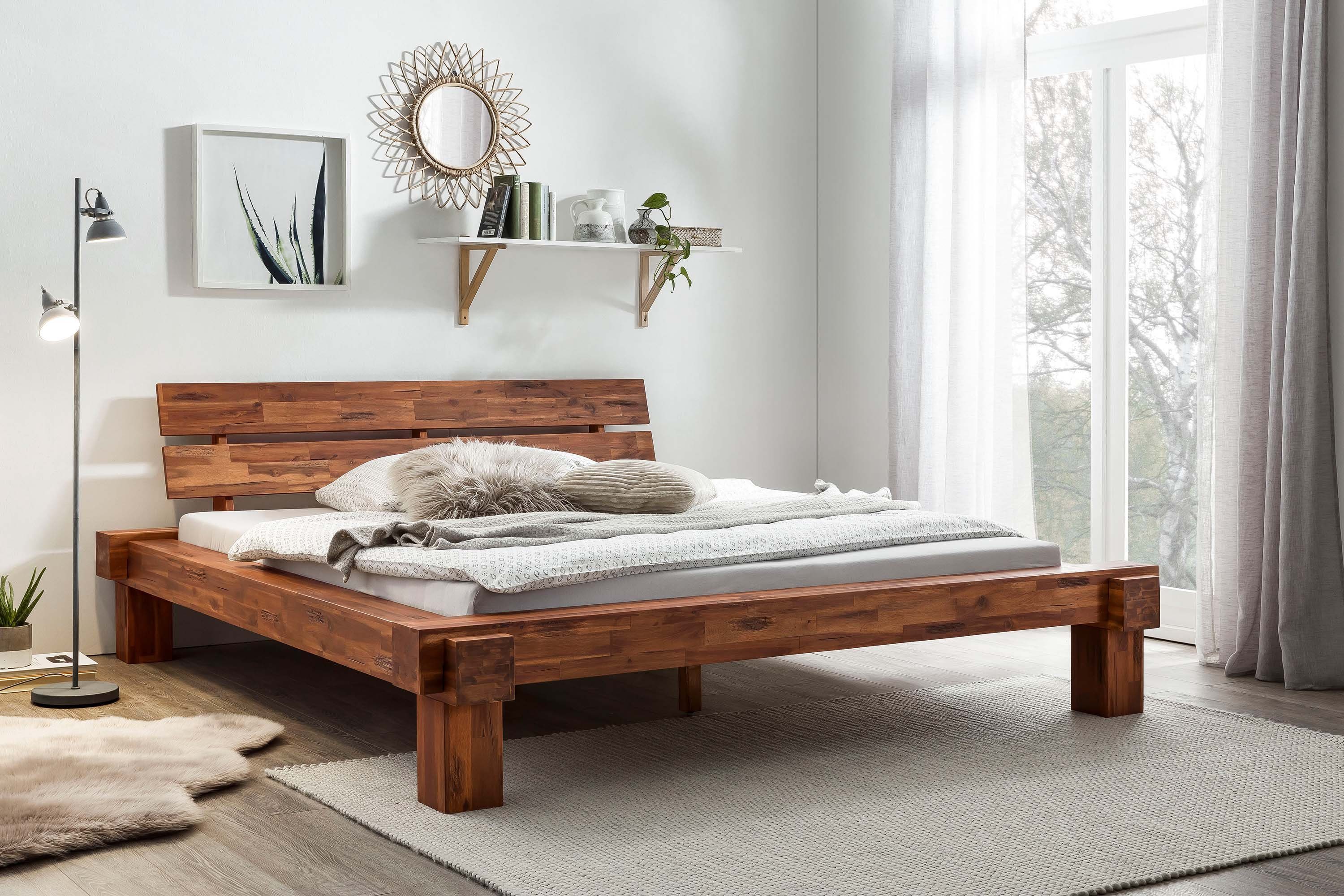 GMD Living Bett ROSTOCK, Massives Akazienholz, im Vintage Finish lackiert