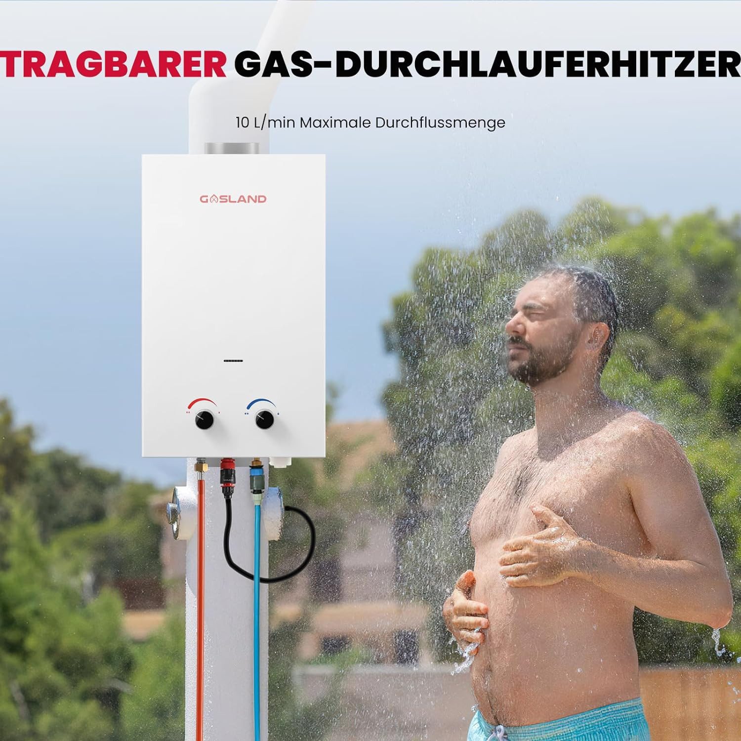 GASLAND Durchlauferhitzer BS264 10L 50mbar Tankless Gasdurchlauferhitzer, Tragbare Gas-Wasserheizung mit Griff, LPG für Camping & Stall