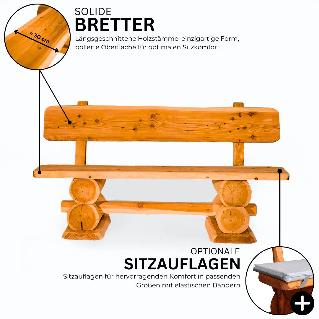 Mega-Holz Gartenbank "Rustikal" 120x50x80 cm, Sitzbank aus massiver Kiefer, Naturbelassener Holz 2-Sitzer