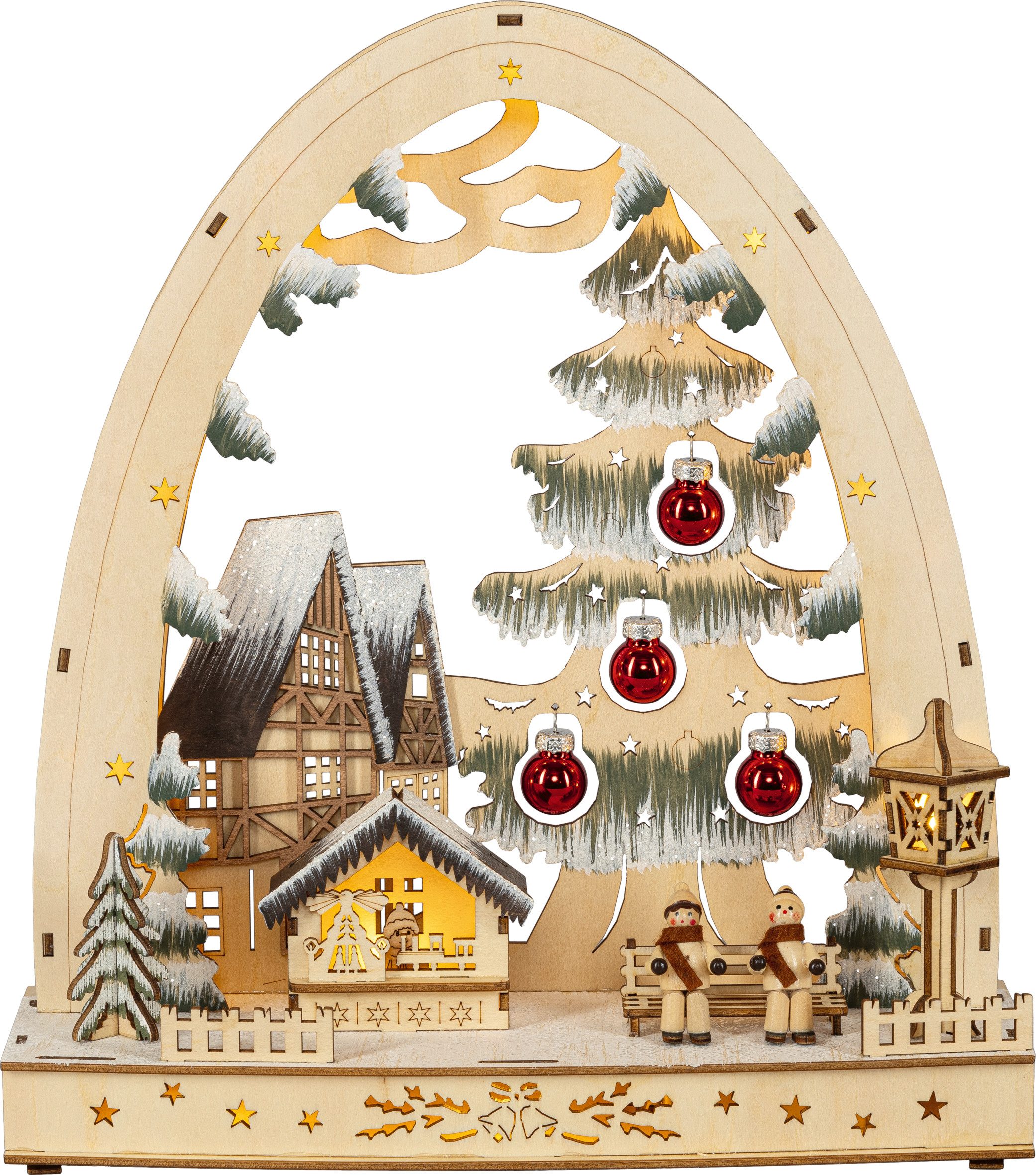 HGD LED Schwibbogen CLB00-2270, LED-Lichterbogen - Winterdorf mit Tanne, festliche Weihnachtsdekoration - winterliches Motiv - ideales Geschenk