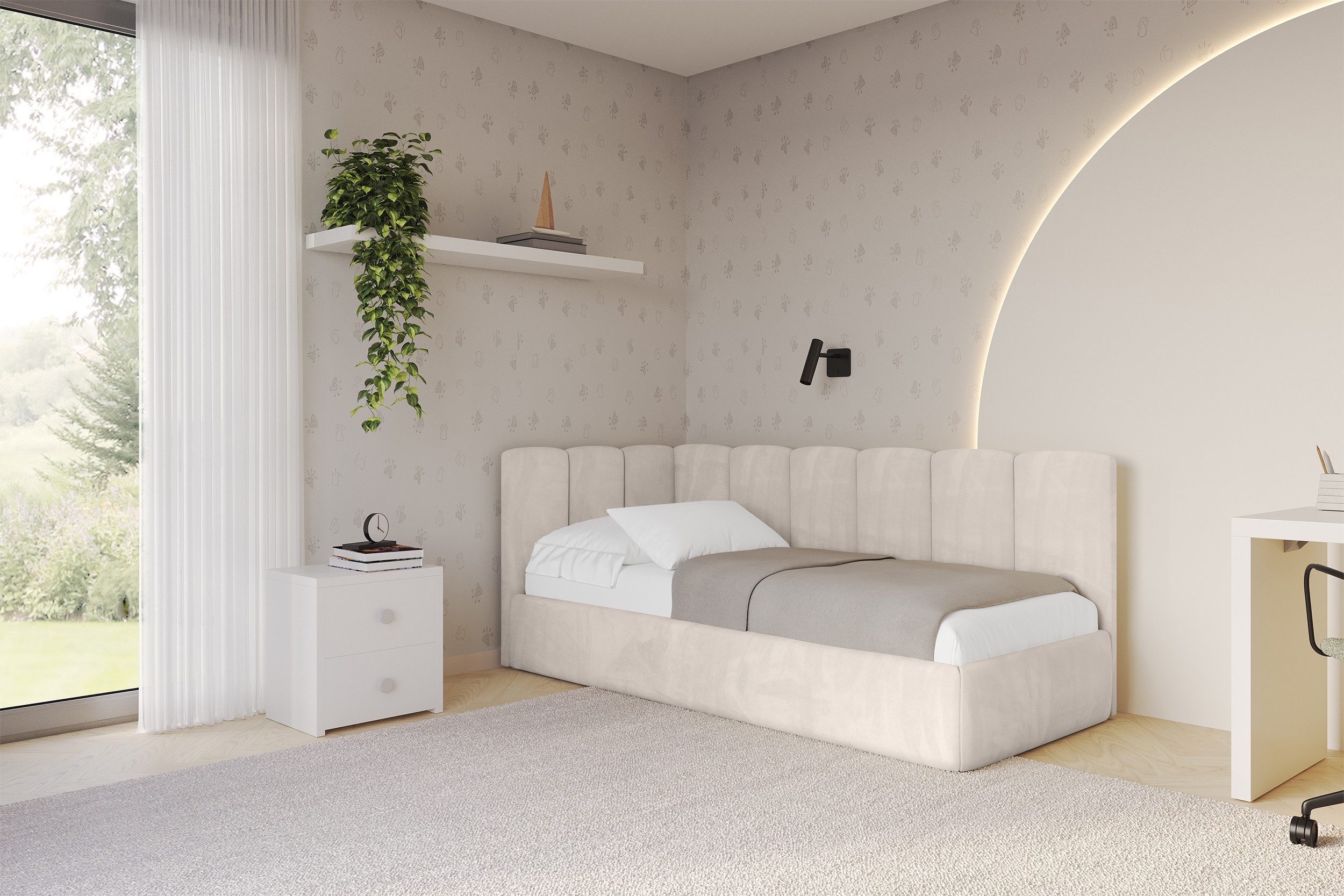 ALTDECOR Jugendbett DEXY (Jugendbett mit Bettkasten und Lattenrost, Polsterbett ohne Matratze), Einzelbett mit Stauraum, Bett mit Kopfteil
