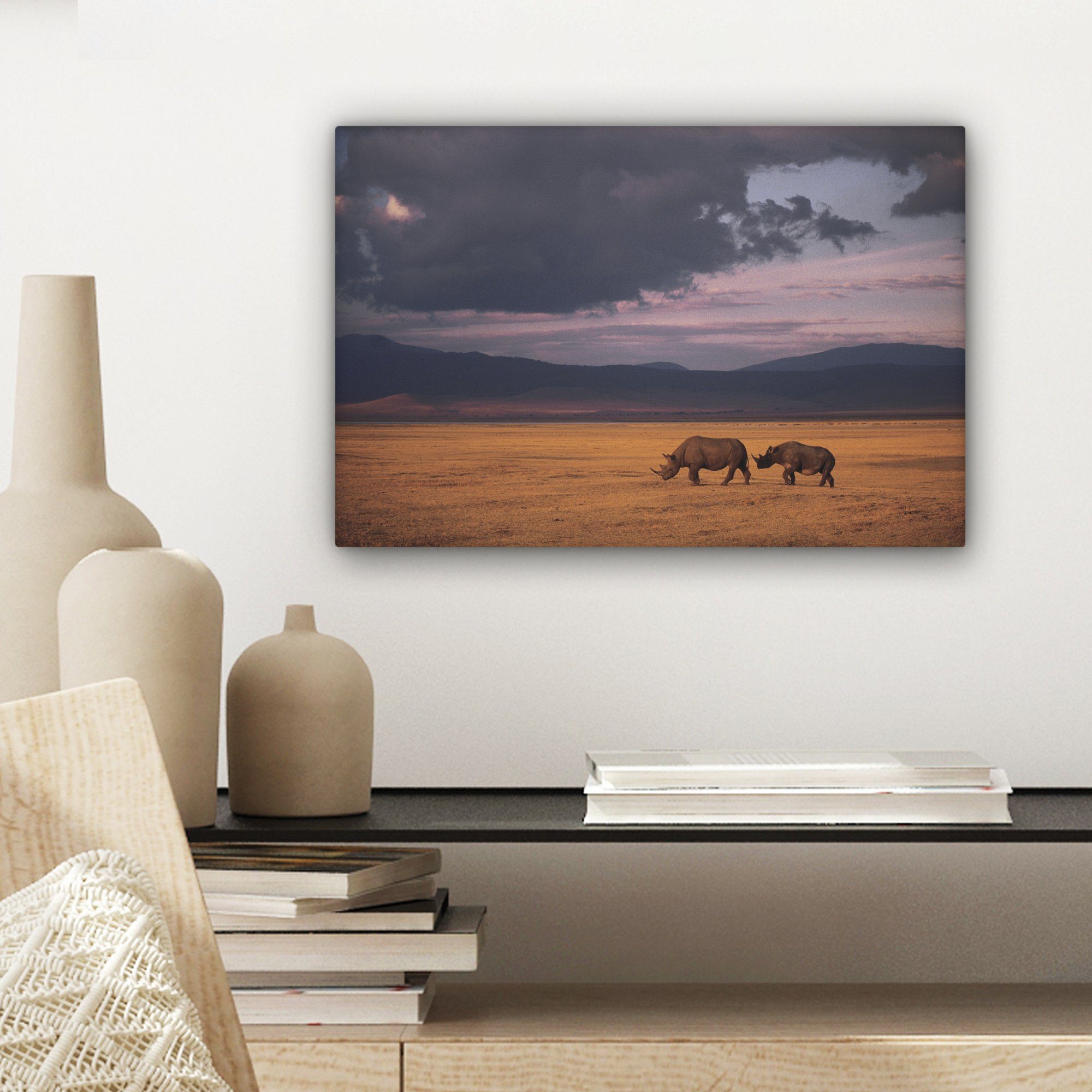 Wandbild Aufhängefertig, 30x20 cm Wanddeko, St), Leinwandbild - OneMillionCanvasses® Nashörner Safari, Leinwandbilder, (1
