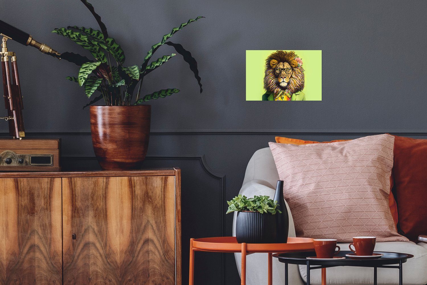 Brille Tier Löwe Wohnzimmer, Poster, - (1 Mensch - Blumen, Wandbild, - St), Ohne für MuchoWow Poster - Rahmen Wandposter
