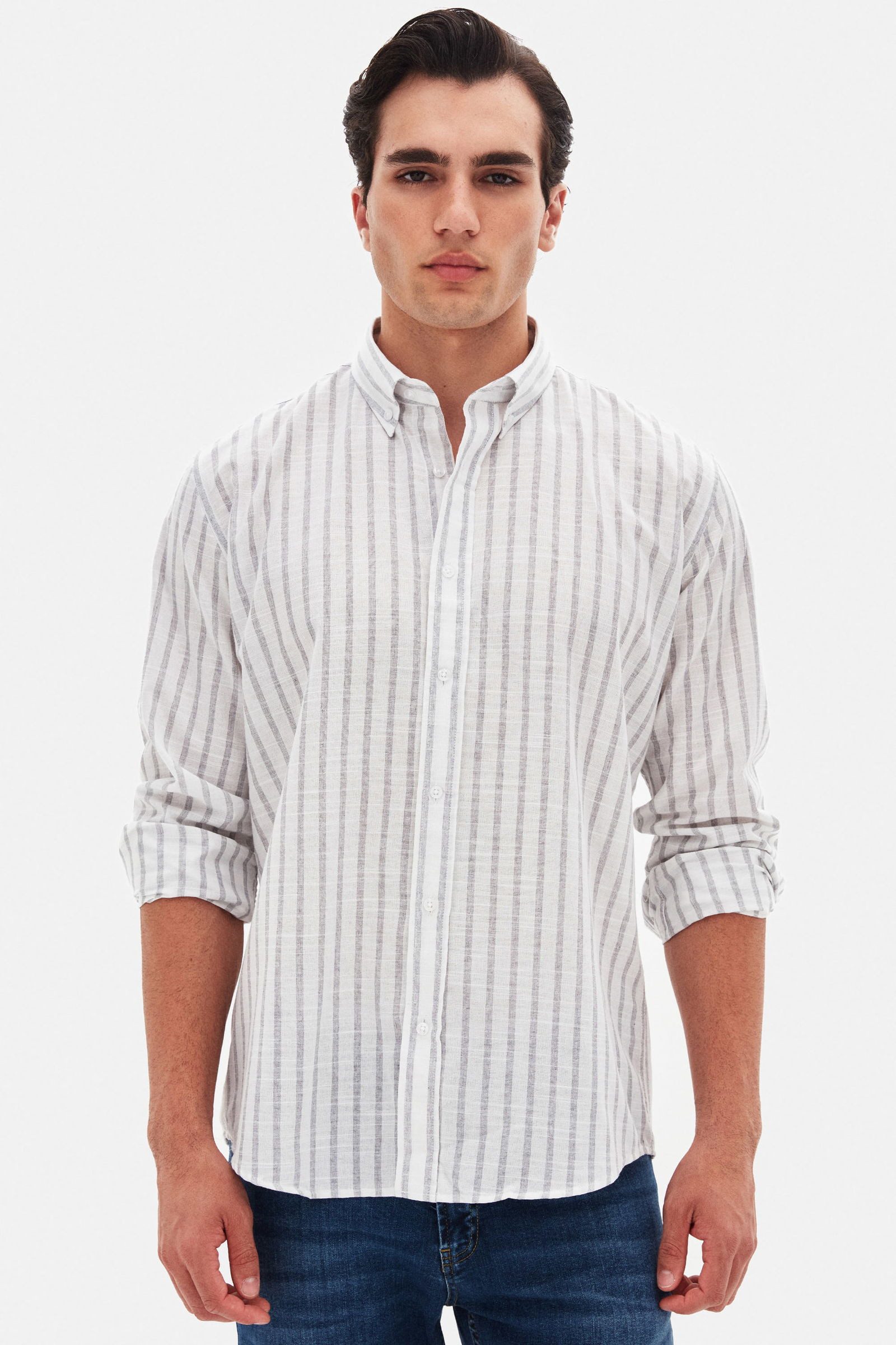 Streifenhemd Ds Damat SlimFit Streifenhemd mit Knopfleiste und Kragen, 100 % Baumwo